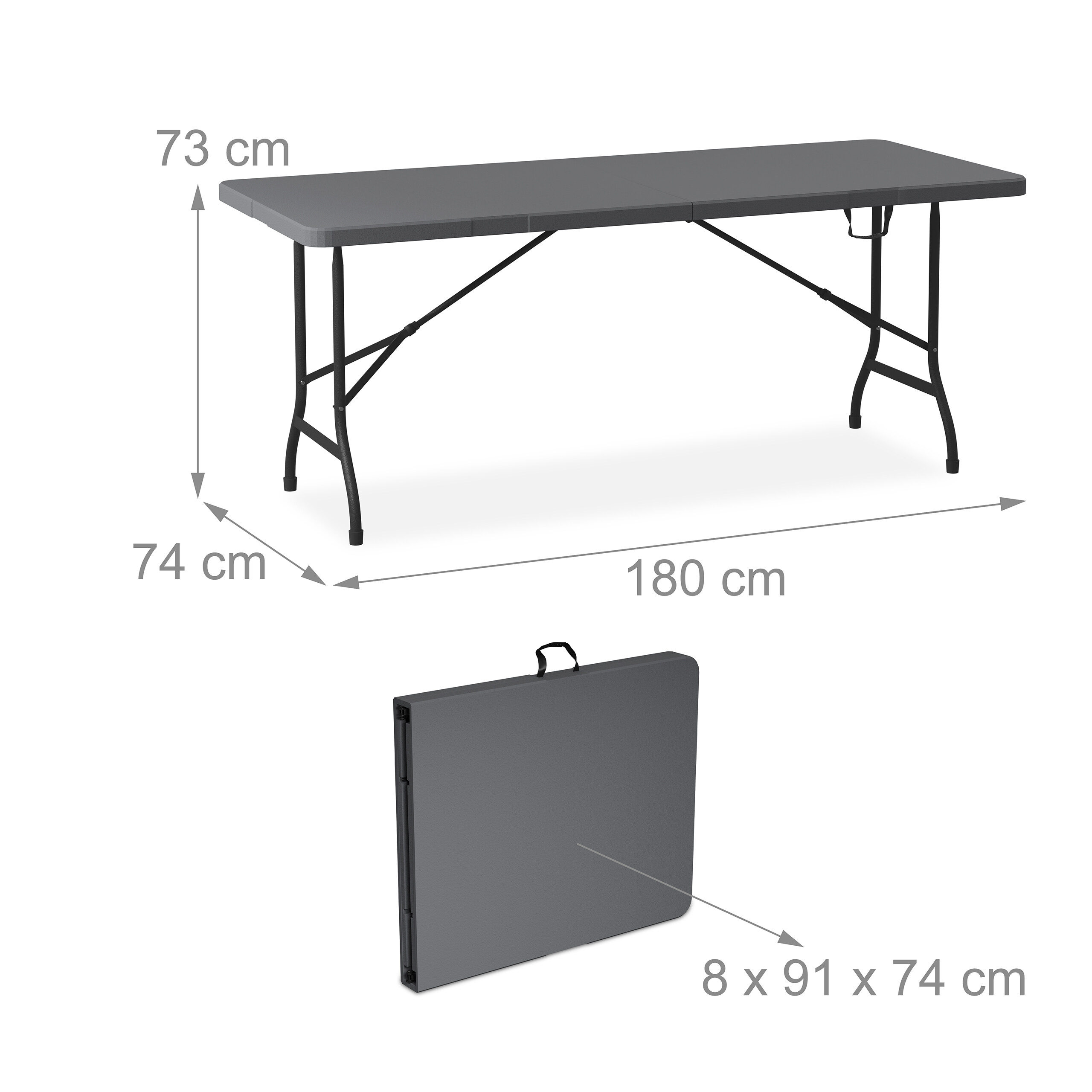 Grauer Klapptisch mit Maßen 180x74x73 cm, aufgebaut und zusammengeklappt als Tragekoffer mit 8x91x74 cm abgebildet.