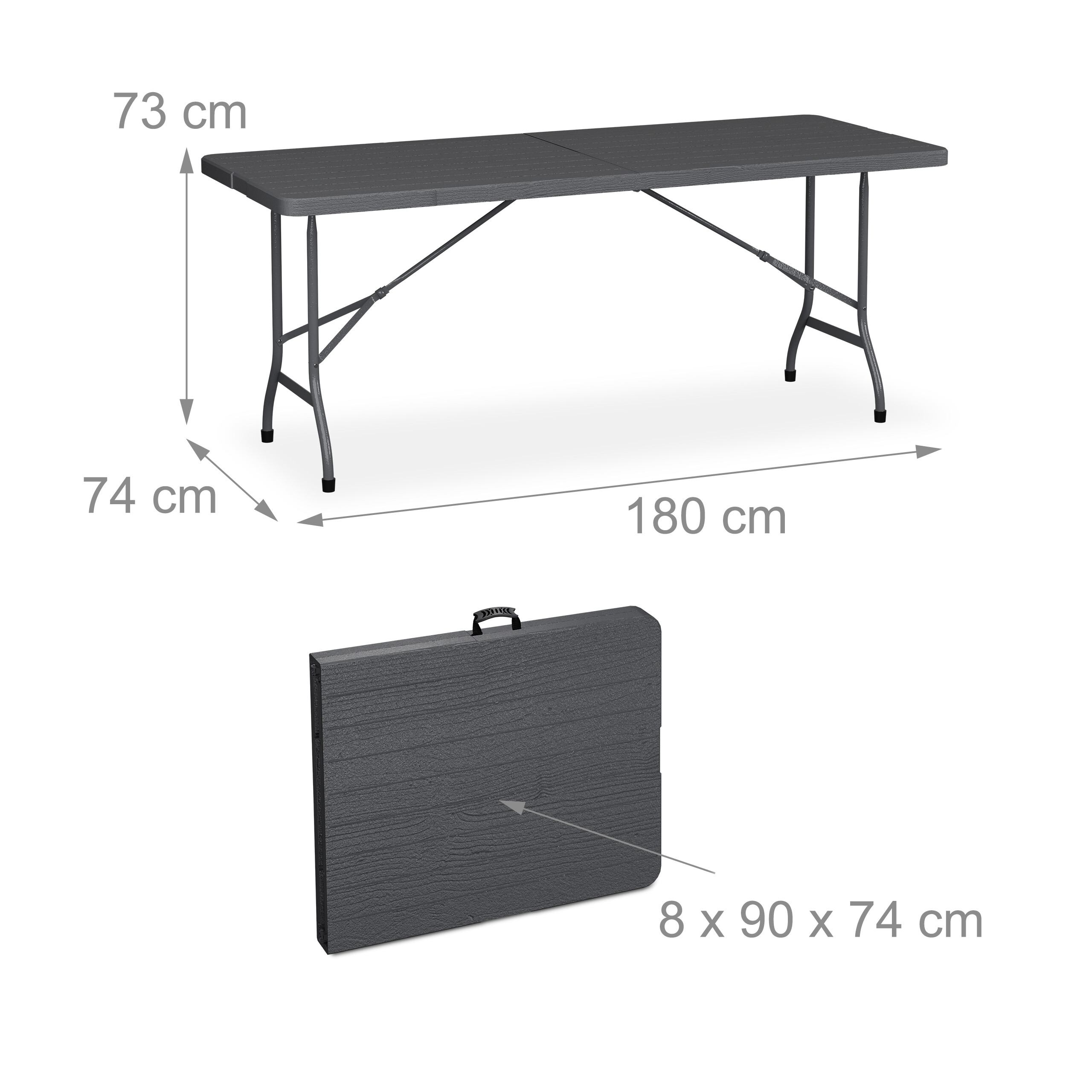 Grauer, klappbarer Tisch mit Maßen: 180x74x73 cm, gefaltet 8x90x74 cm.