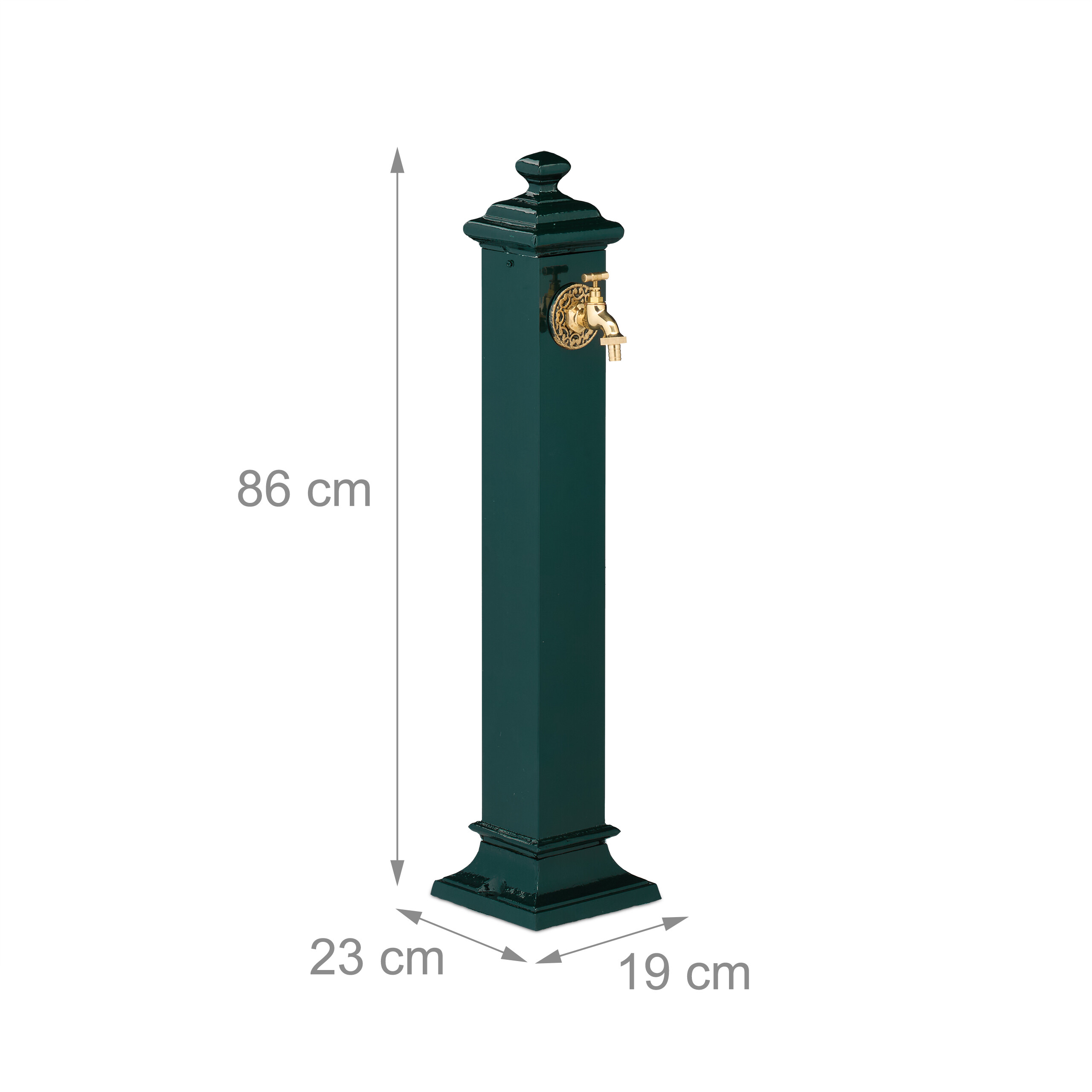Dunkelgrüner Wassersäule mit Messinghahn, 86x23x19 cm auf weißem Hintergrund.