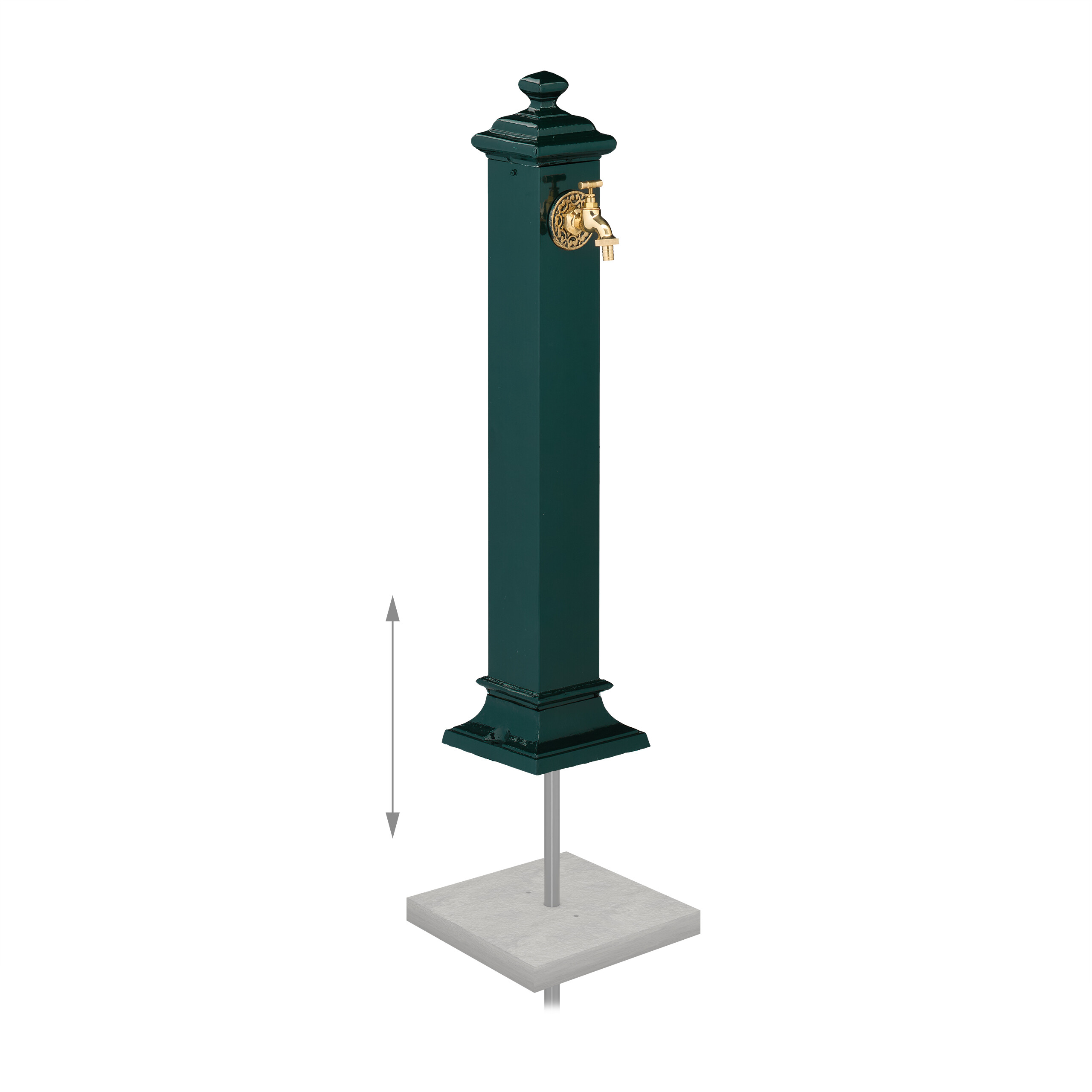 Dunkelgrüner Wassersäule mit goldenem Wasserhahn auf weißem Hintergrund.