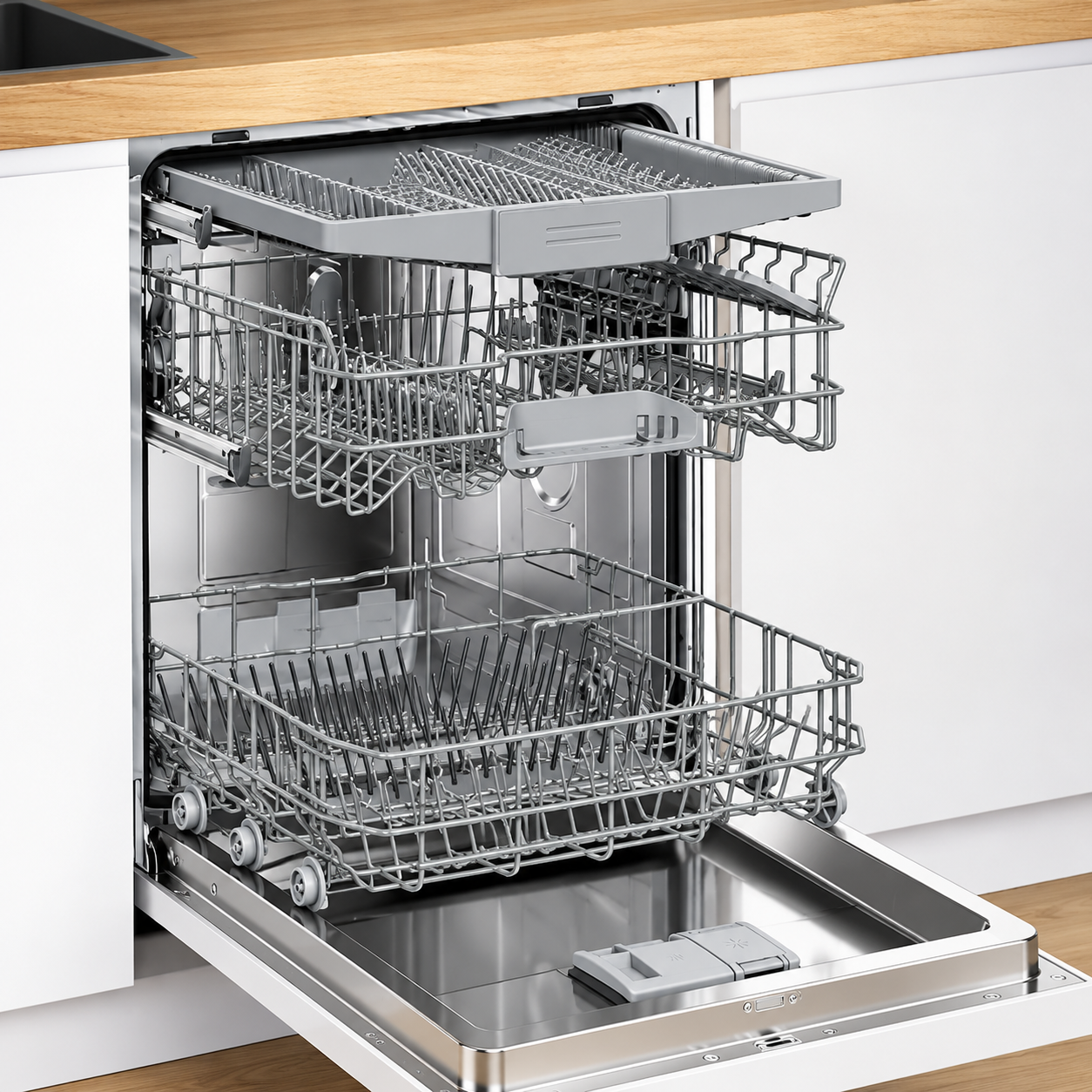 Lavastoviglie da incasso aperta con tre cestelli in filo grigio estraibili in una cucina moderna.