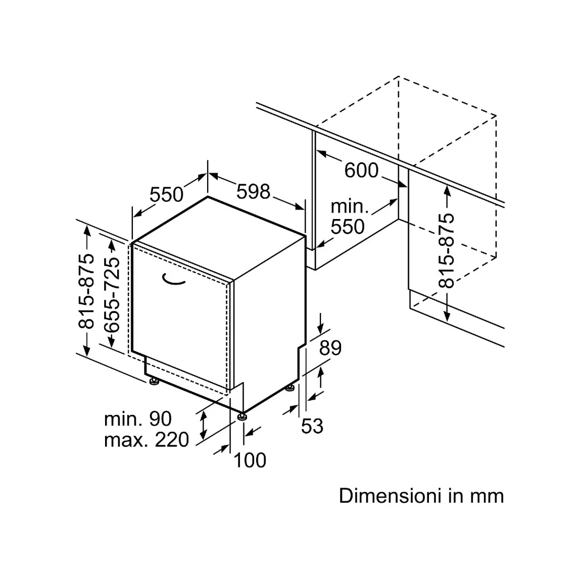 Schema tecnico con le dimensioni della lavastoviglie da incasso in millimetri, incluse altezza, larghezza e profondità.