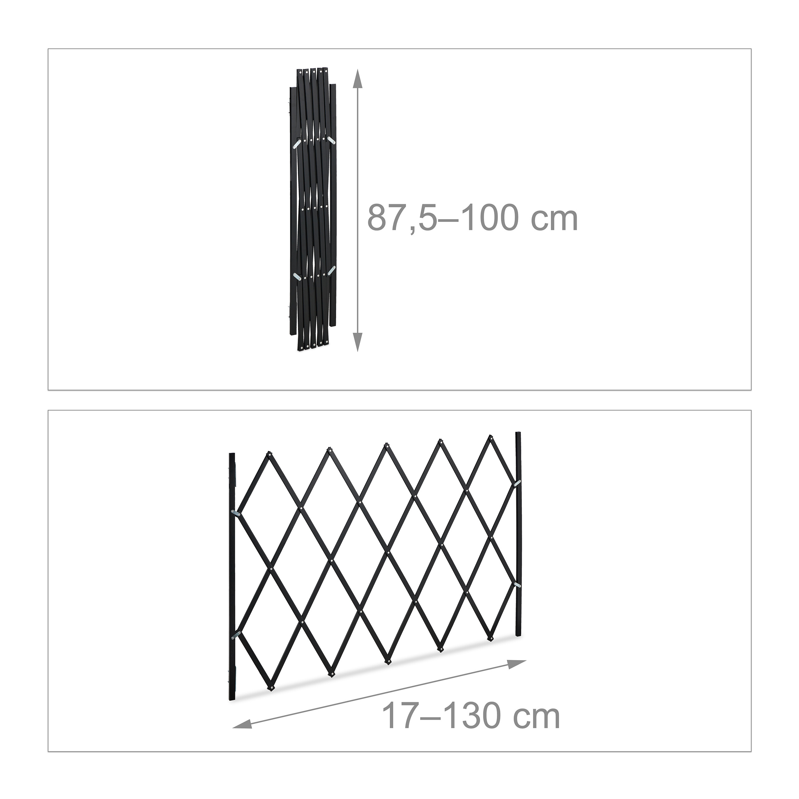 Diagramm zeigt eine schwarze Schere-Gittertür mit Höhen- und Breitenmaßen.