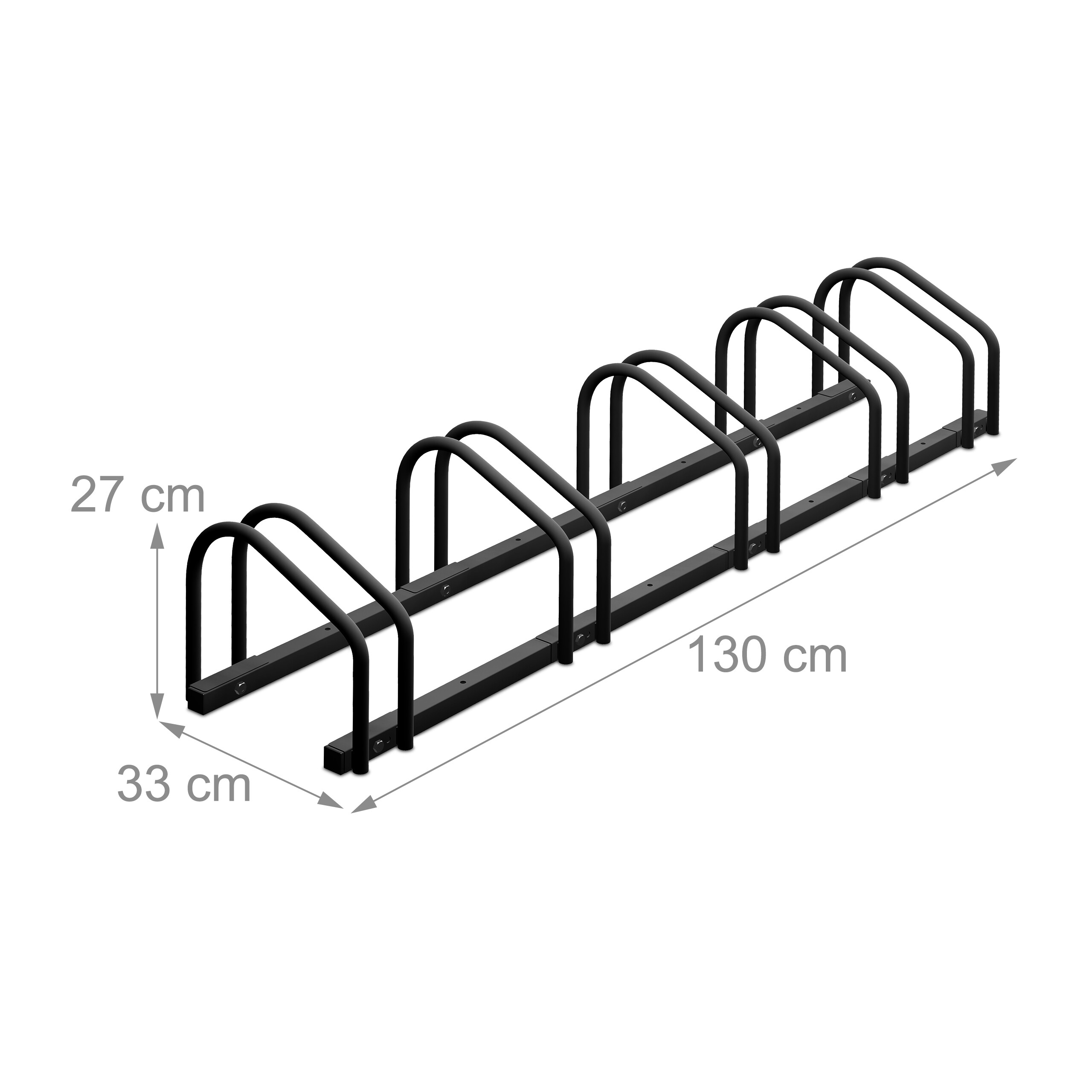 Schwarzer Fahrradständer für 5 Räder mit Maßangaben von 130 cm Länge, 33 cm Breite und 27 cm Höhe auf weißem Grund.
