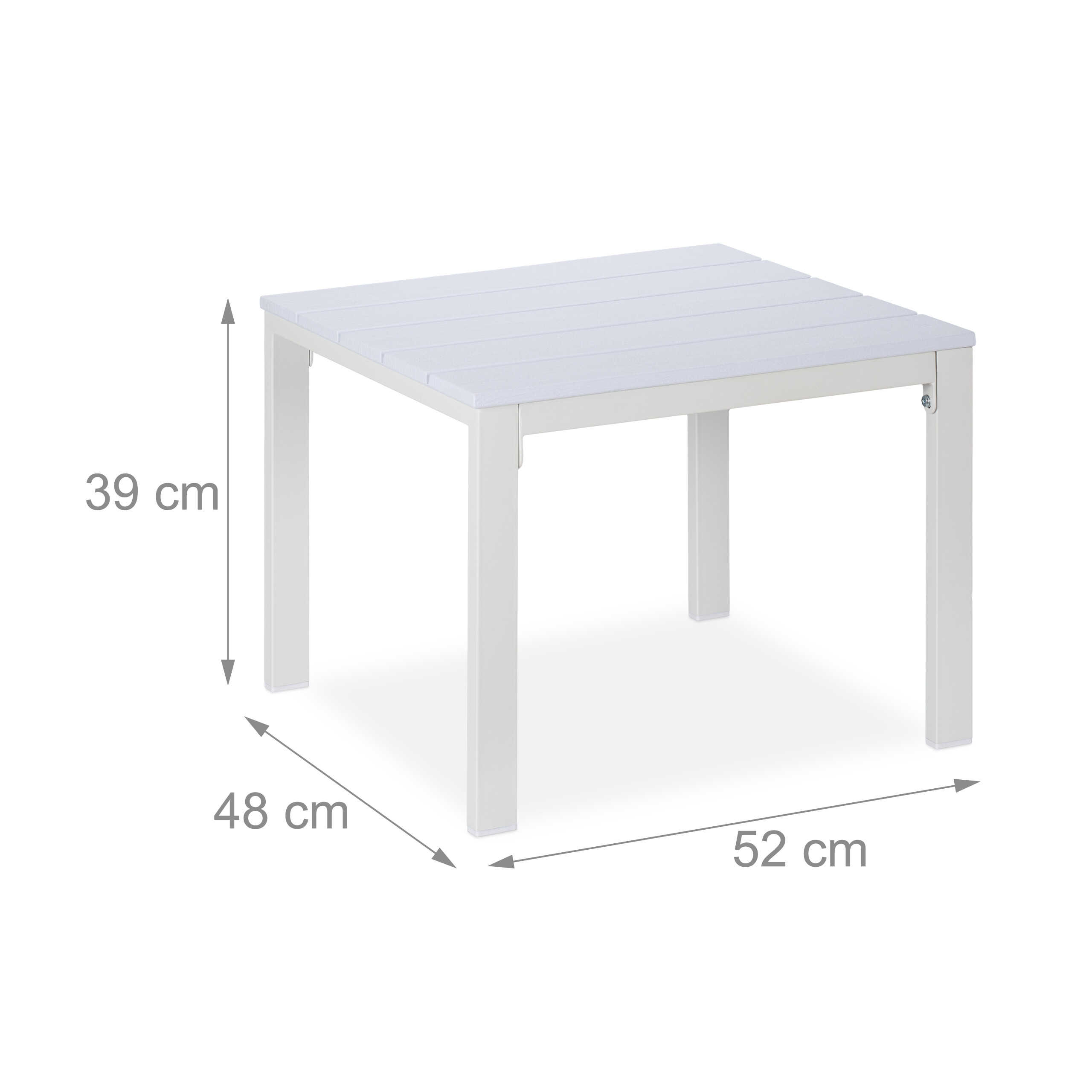 Kleiner weißer Esstisch mit Maßen: Höhe 39 cm, Breite 52 cm, Tiefe 48 cm.