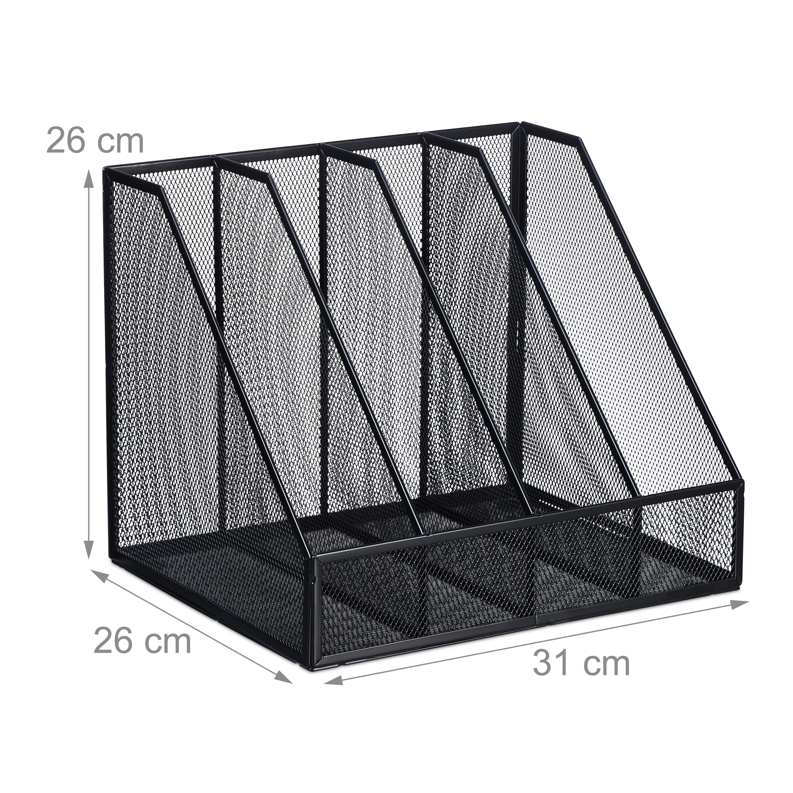Ein schwarzer Schreibtisch-Organizer aus Metallgitter mit vier Fächern und Maßangaben von 26x26x31 cm.