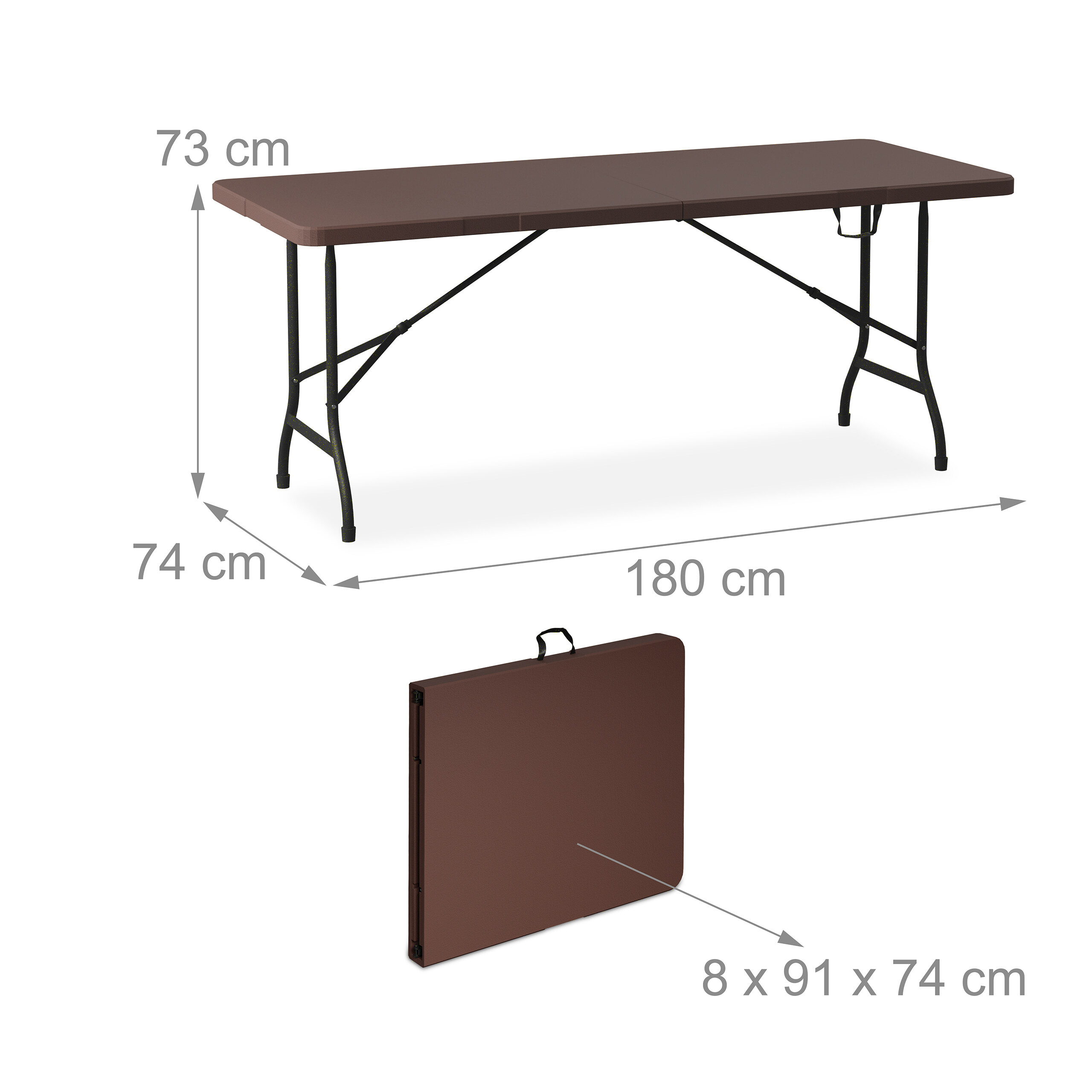 Brauner Klapptisch mit Maßen 180x74x73 cm, zusammengeklappt 8x91x74 cm.