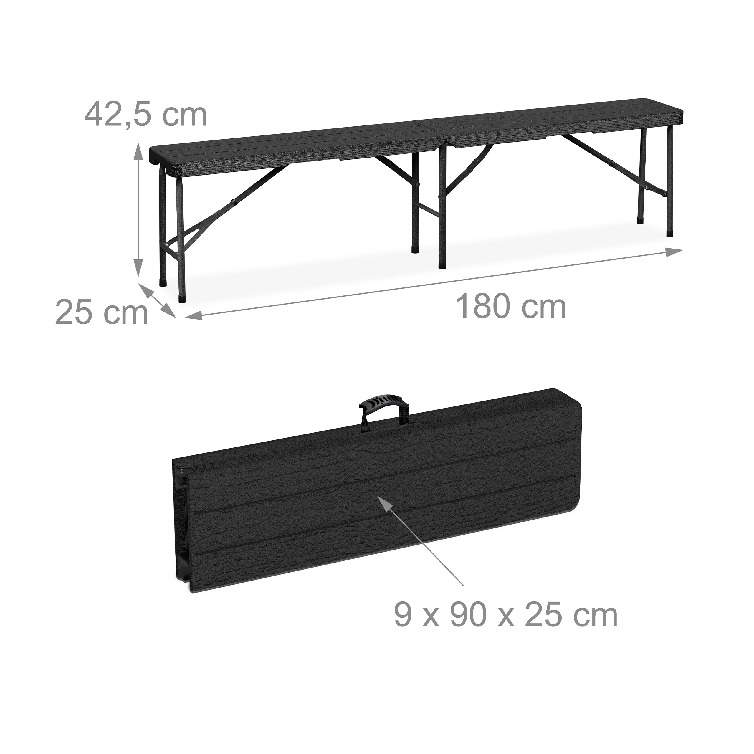 Eine schwarze Klappbank mit Maßen, 180 cm lang, aufgebaut und zusammengeklappt als Koffer dargestellt.