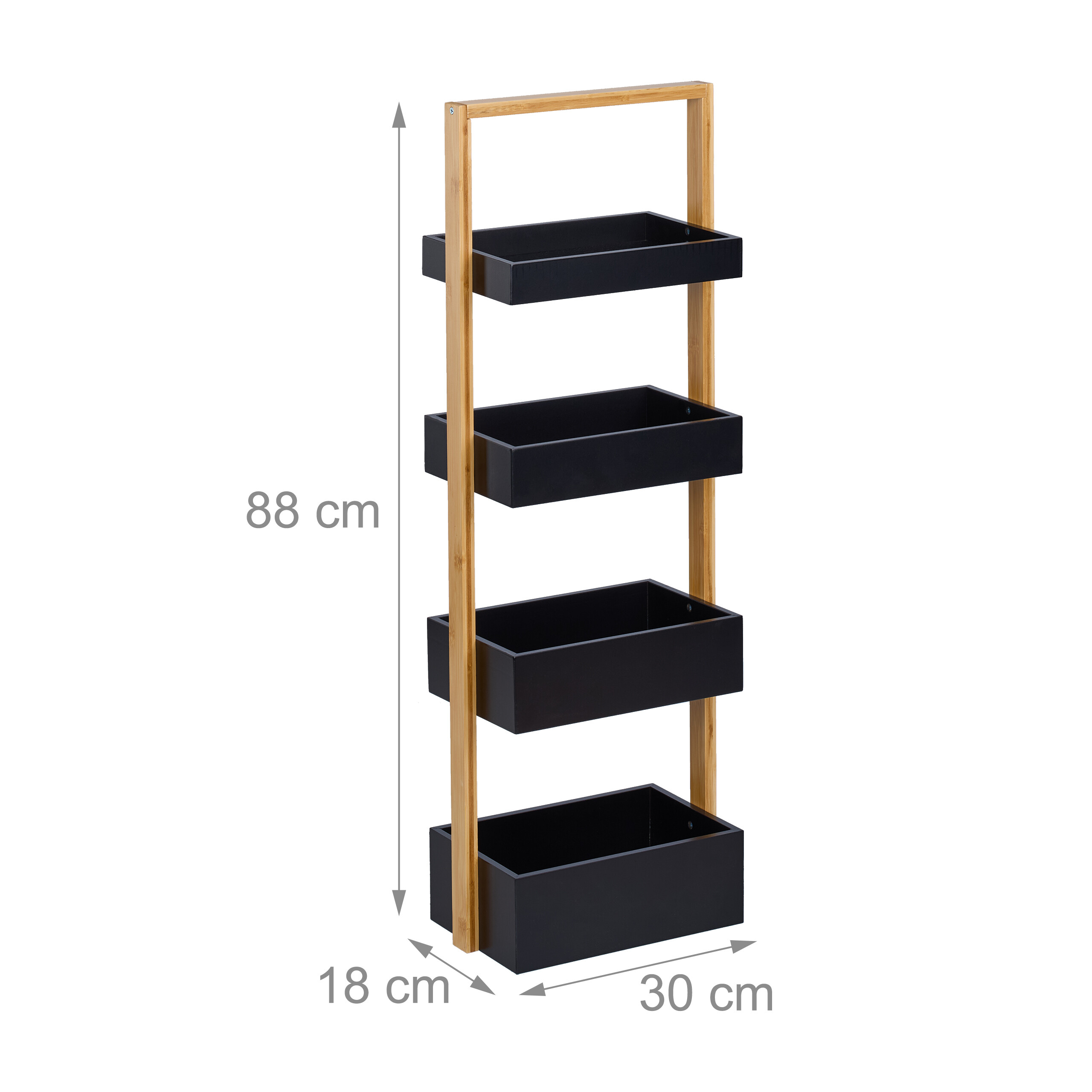 Ein schmales Holzregal mit vier schwarzen Kisten und Maßangaben.