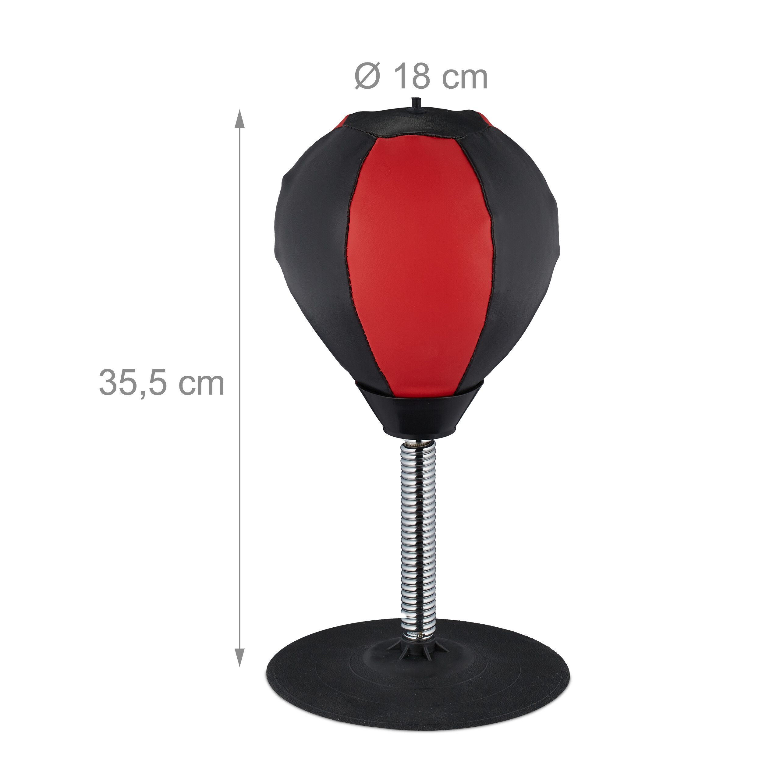 Ein rot-schwarzer Tisch-Boxball auf einer Feder mit rundem Fuß und Maßangaben.