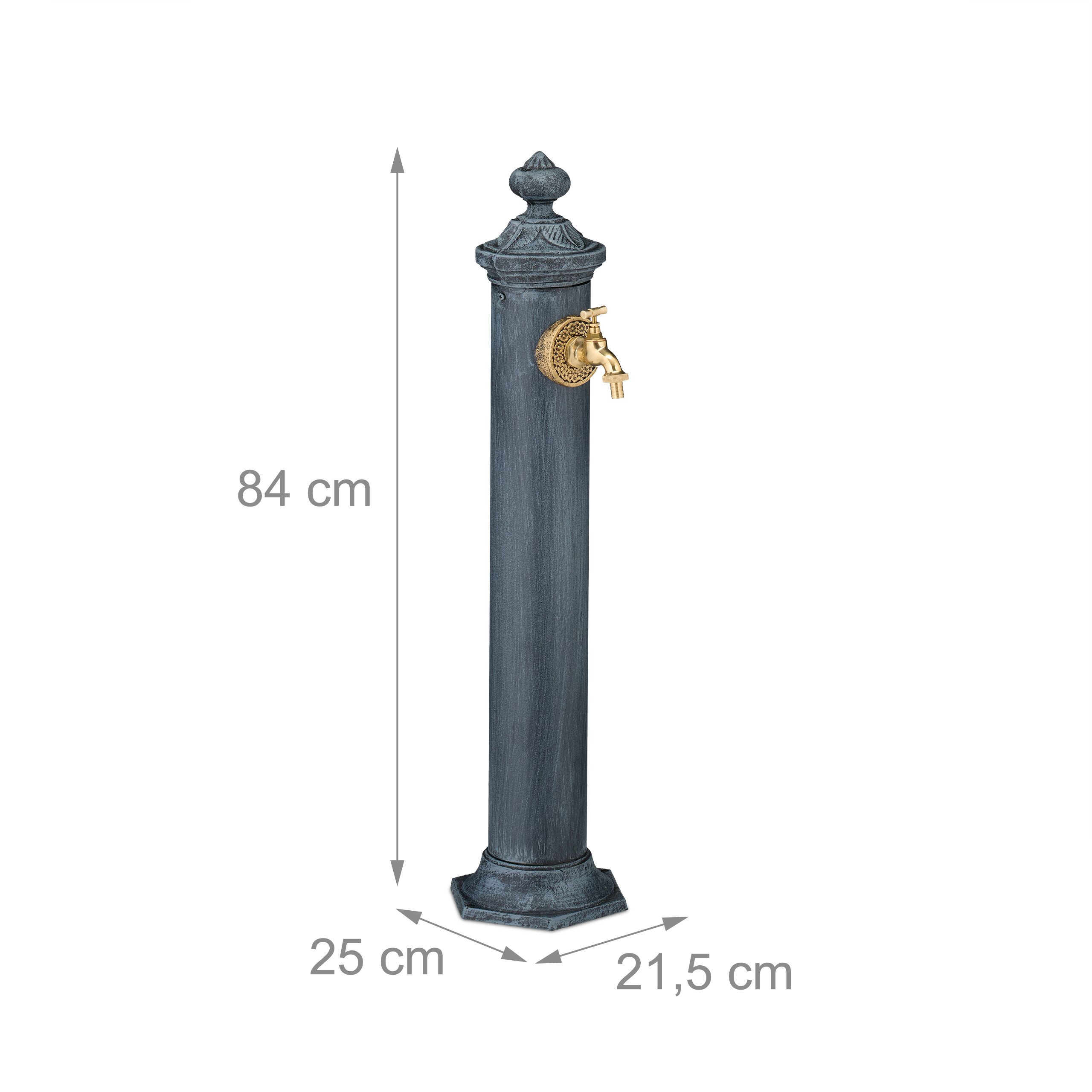 Dunkelgrauer Wassersäulenbrunnen mit goldener Armatur und Maßangaben in cm auf weißem Hintergrund.