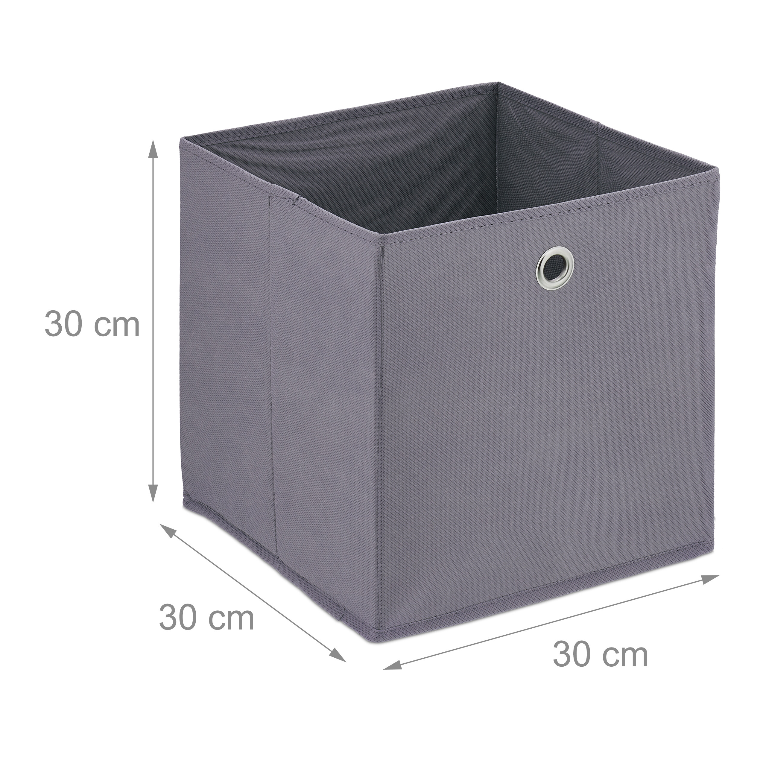 Graue Stoff-Aufbewahrungsbox mit Metallöse, Maße 30x30x30 cm auf weißem Hintergrund.