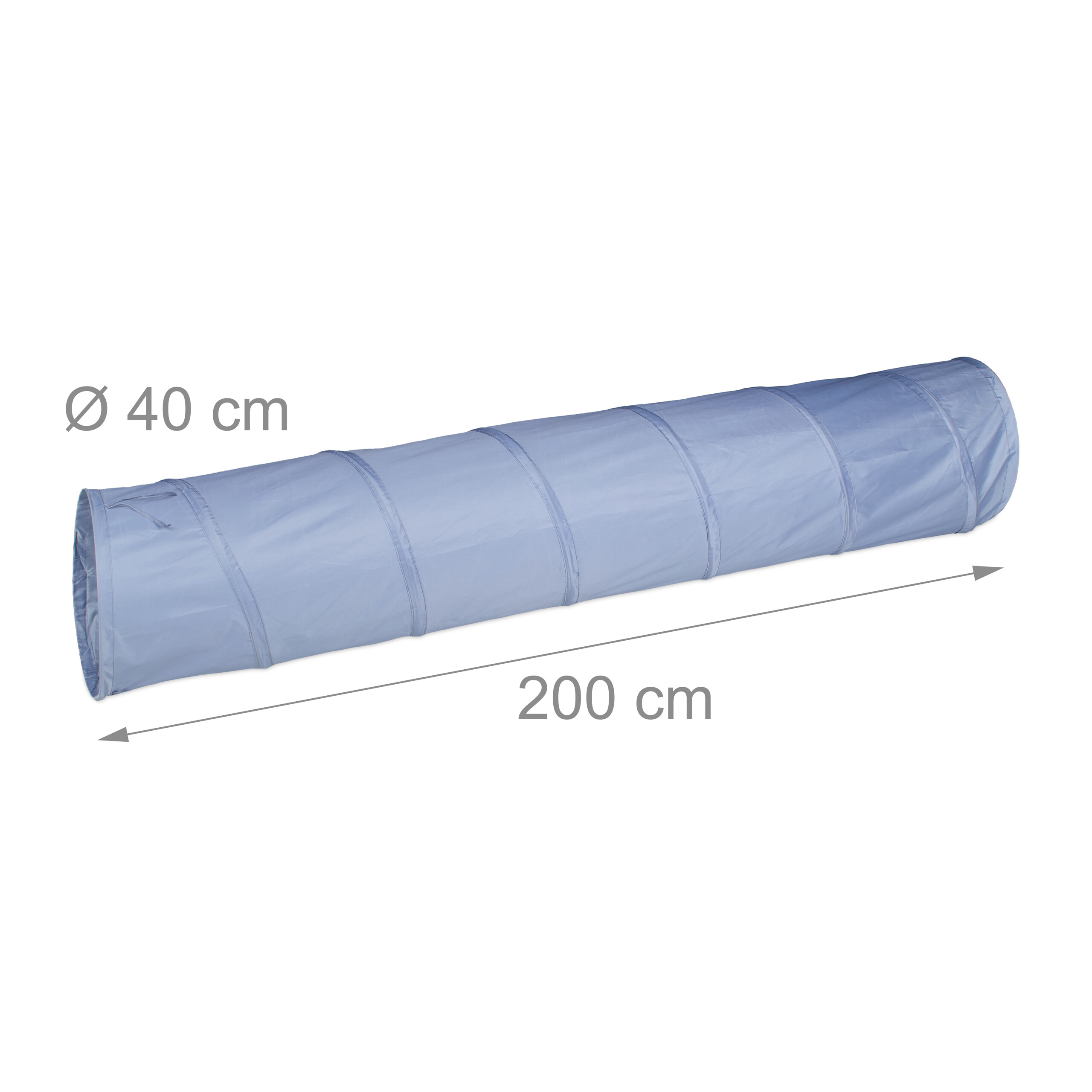 Ein blauer Kinderspieltunnel mit Maßen: 40 cm Durchmesser und 200 cm Länge auf weißem Hintergrund.