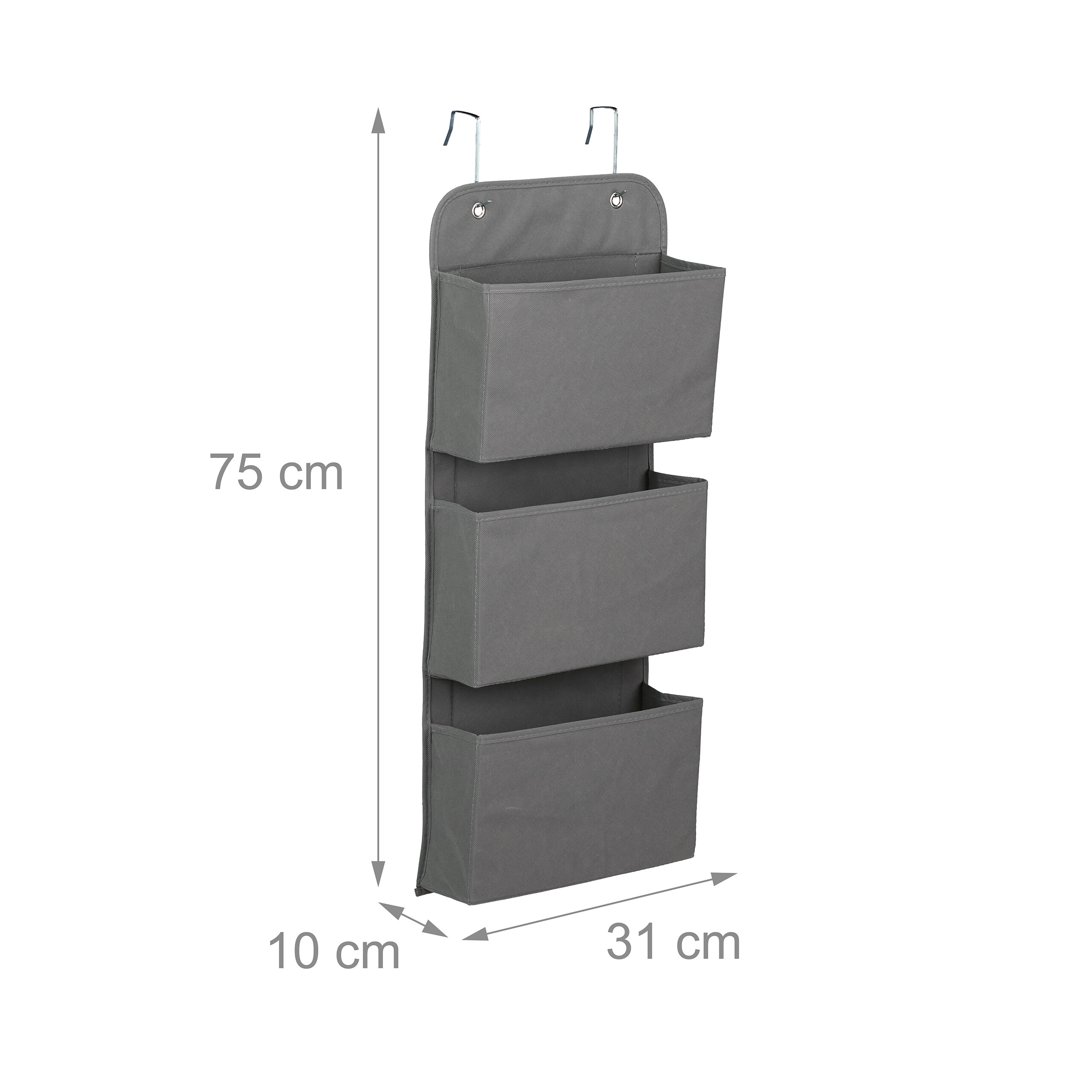Grauer Hängeorganizer für die Tür mit drei Taschen, Abmessungen 75 cm Höhe, 31 cm Breite und 10 cm Tiefe.