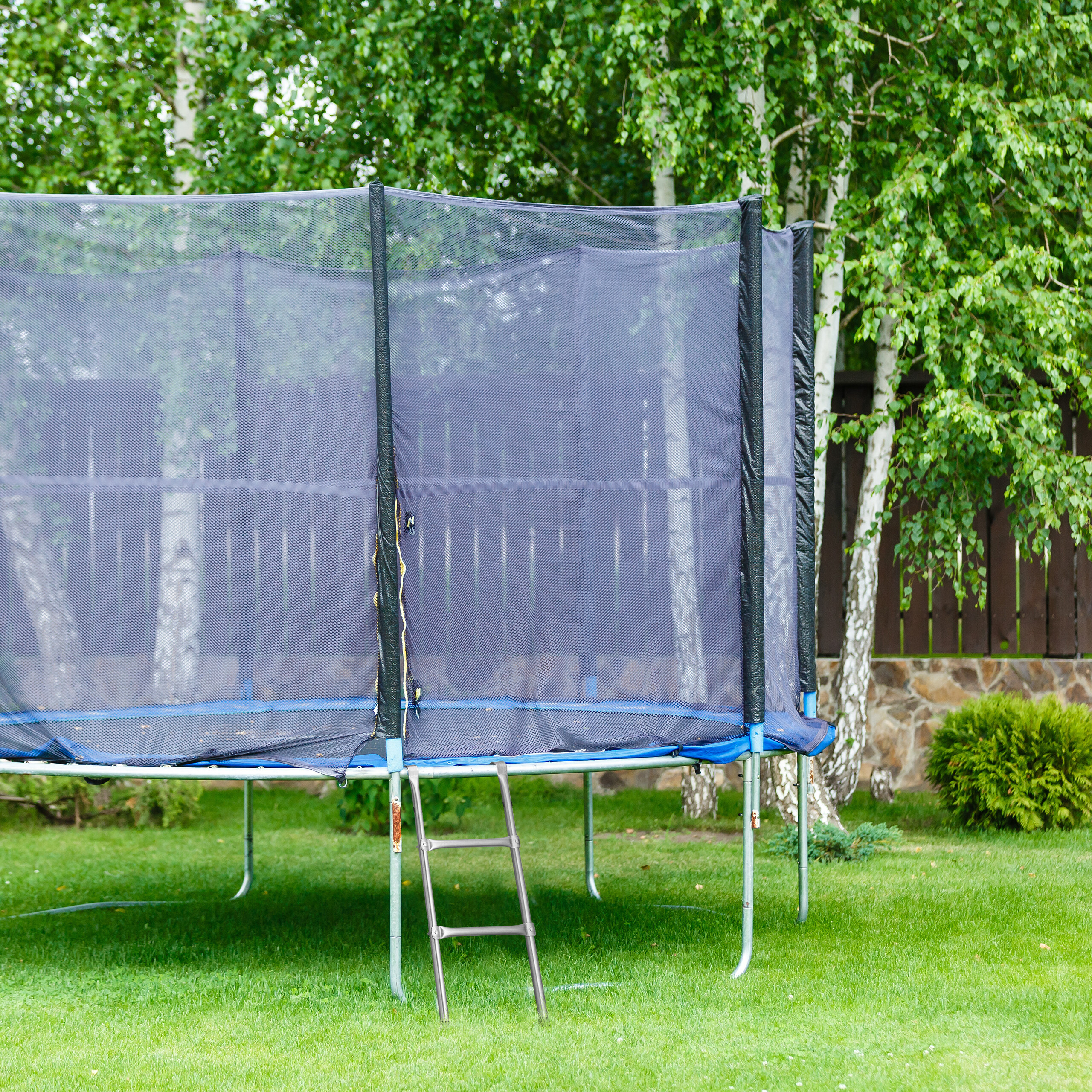 Ein Trampolin mit Schutznetz und Leiter steht auf einer grünen Rasenfläche in einem Garten.