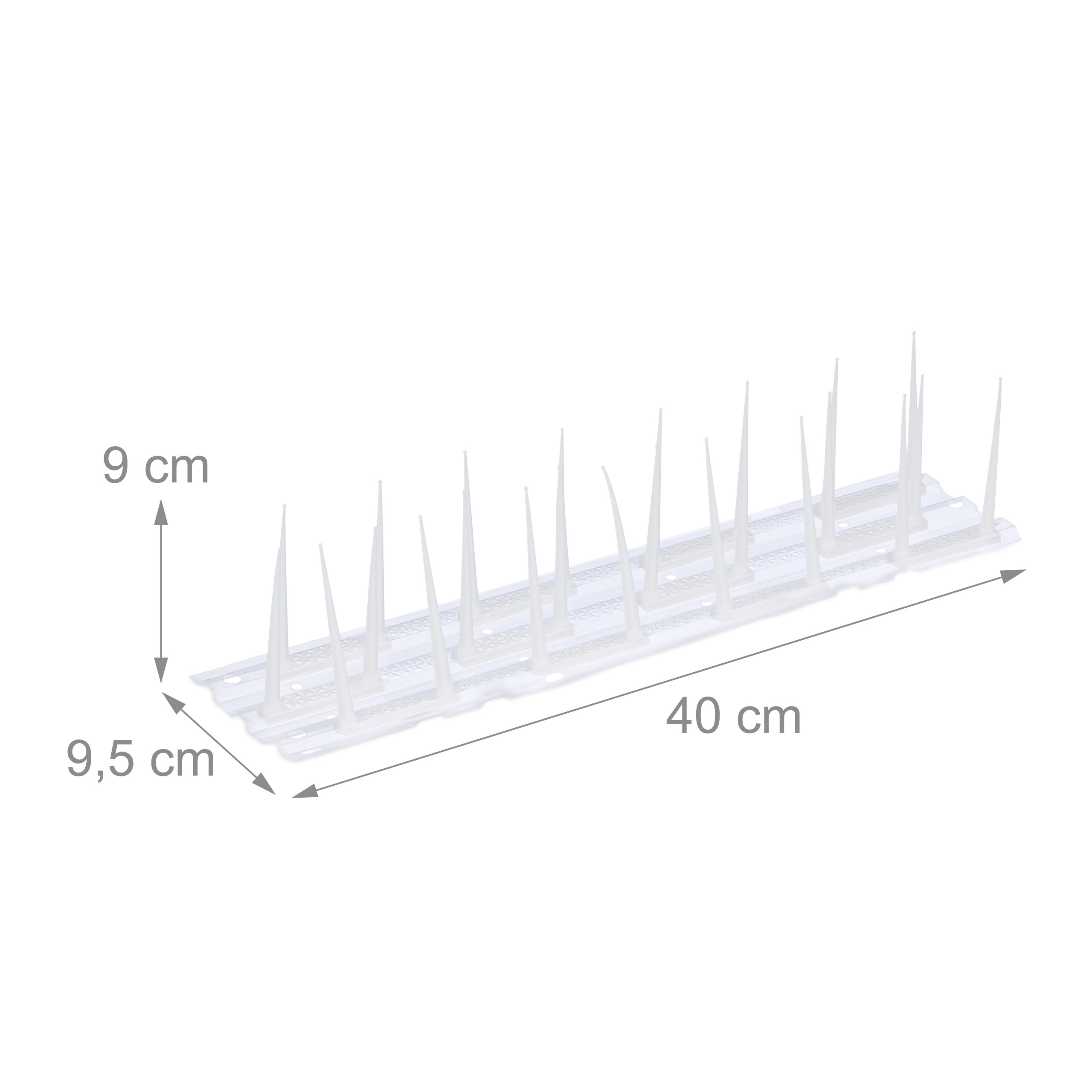 Weiße Taubenabwehrspitzen aus Kunststoff auf einer Basis mit Maßpfeilen für 40 cm Länge, 9 cm Höhe und 9,5 cm Breite.