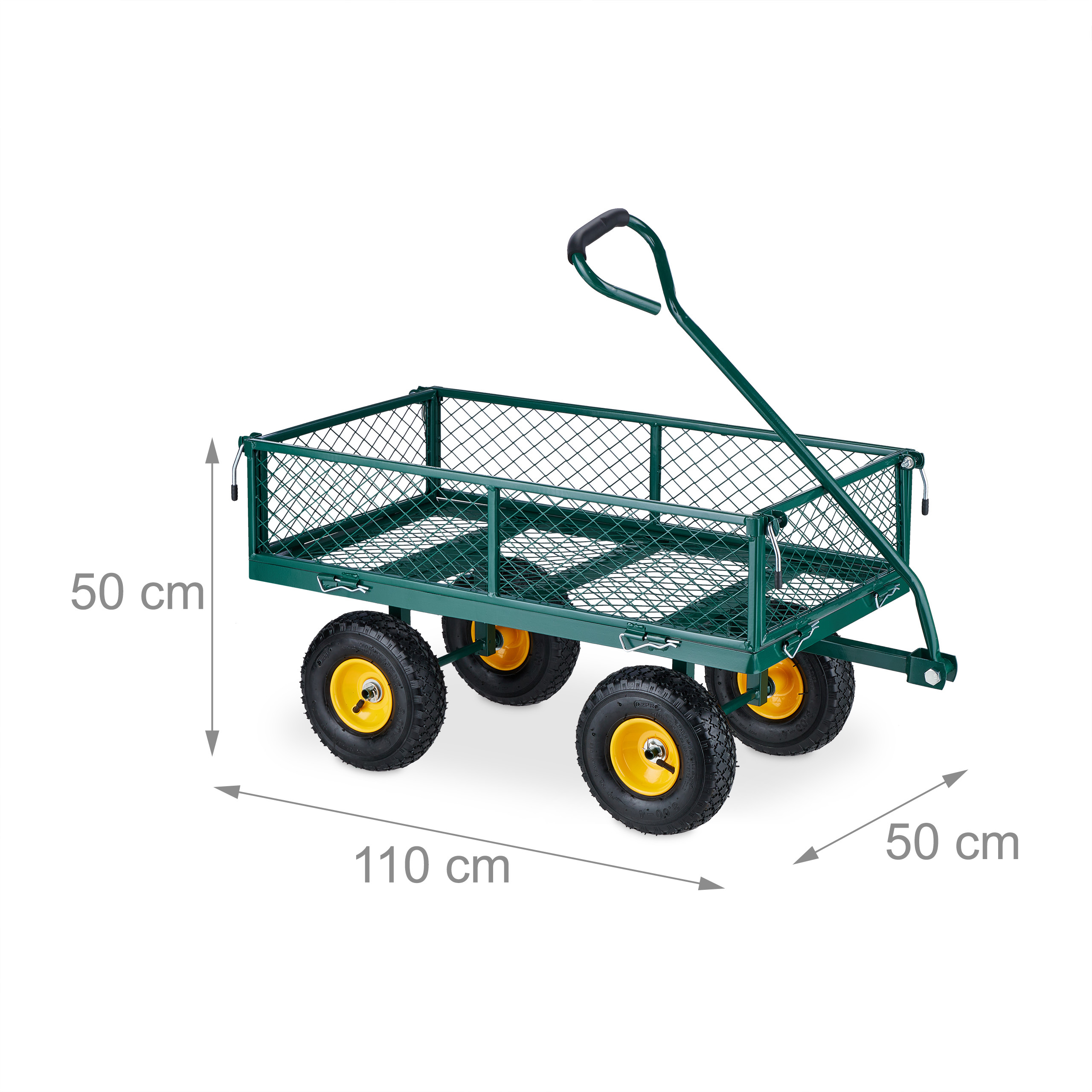 Grüner Gartenwagen mit Gitterwänden, gelben Rädern und Maßangaben von 110 cm Länge und 50 cm Höhe.