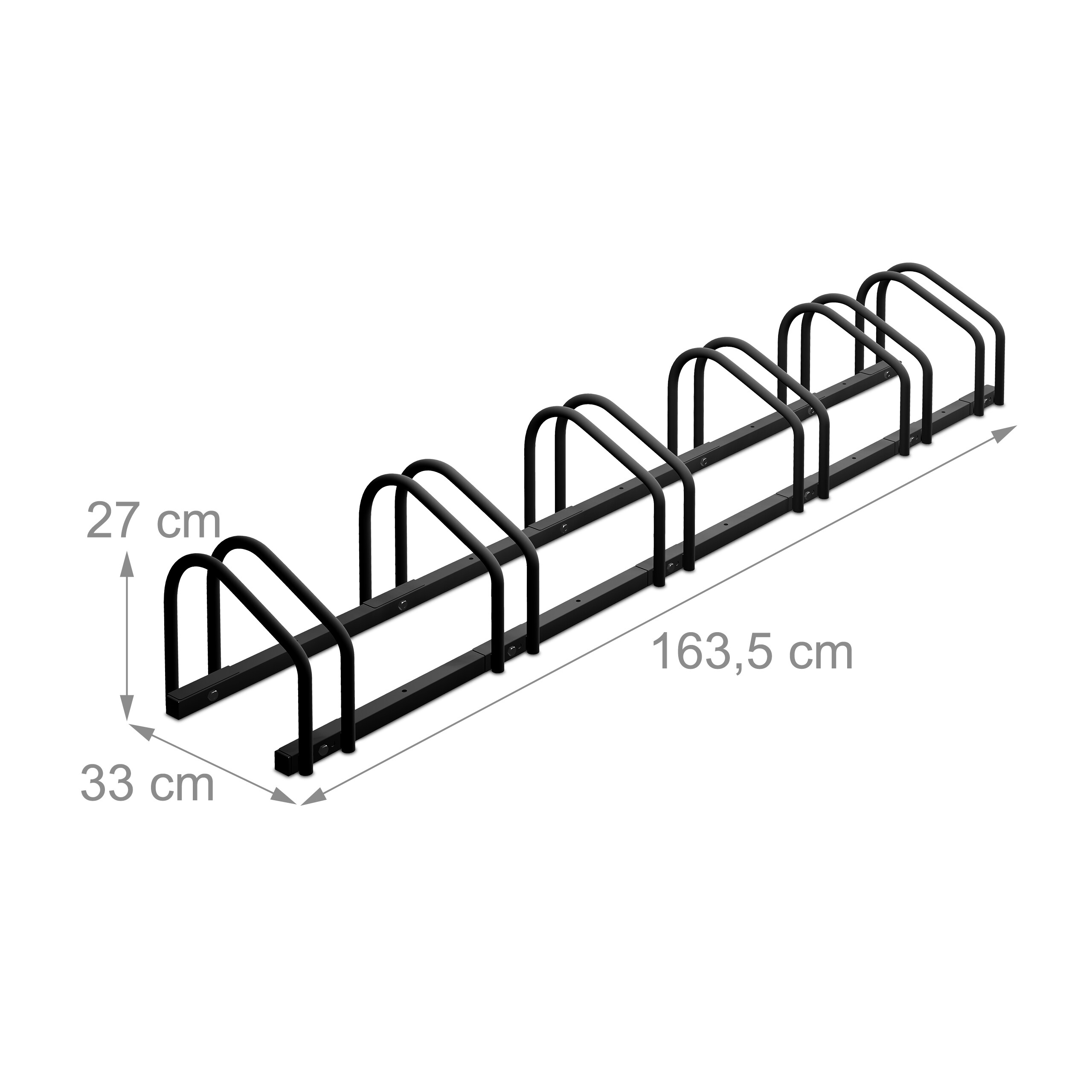 Schwarzer Fahrradständer für 6 Fahrräder mit Maßen 163,5x33x27 cm auf weißem Hintergrund.