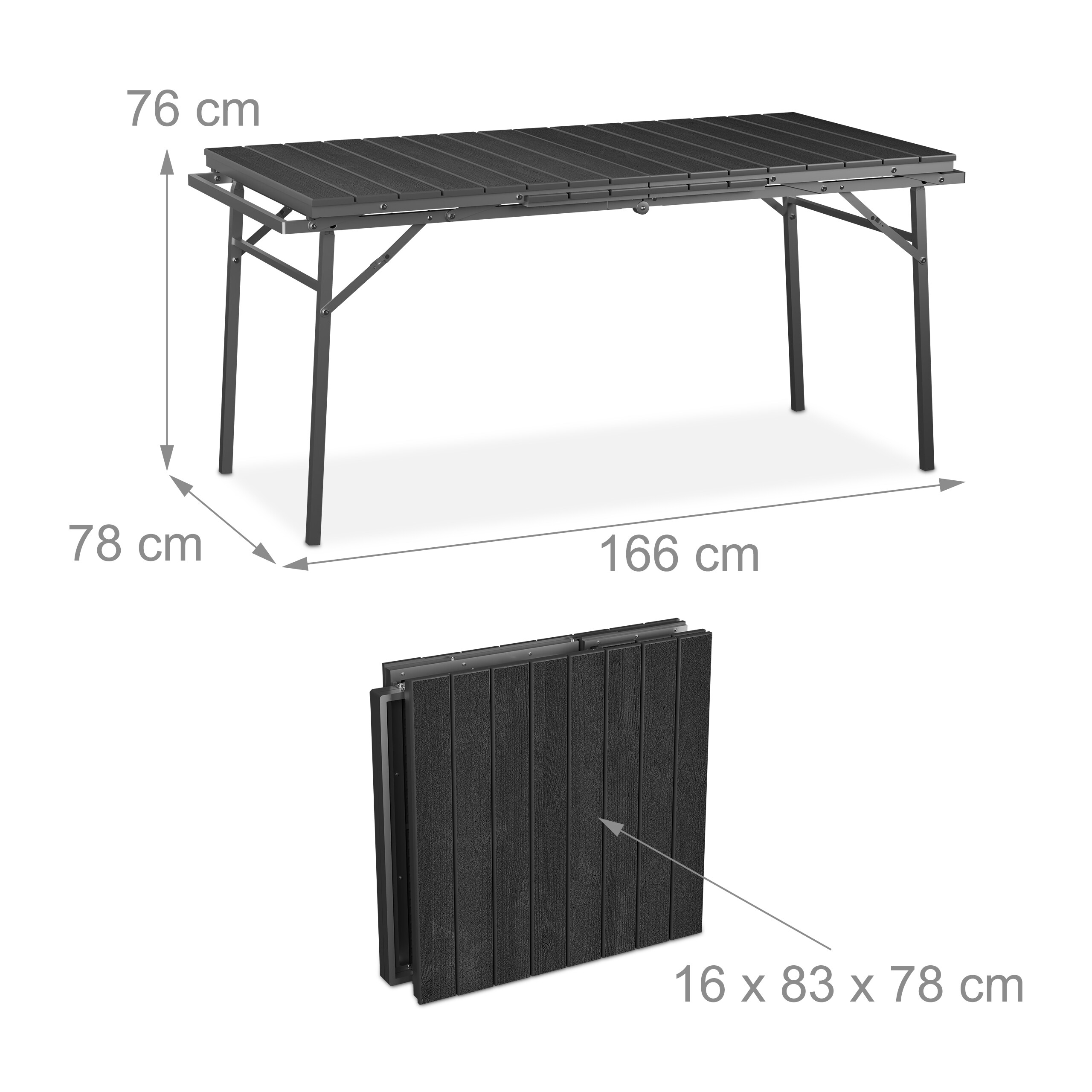 Ein schwarzer Falttisch, ganz offen mit 166x78x76 cm und unten gefaltet auf 16x83x78 cm.