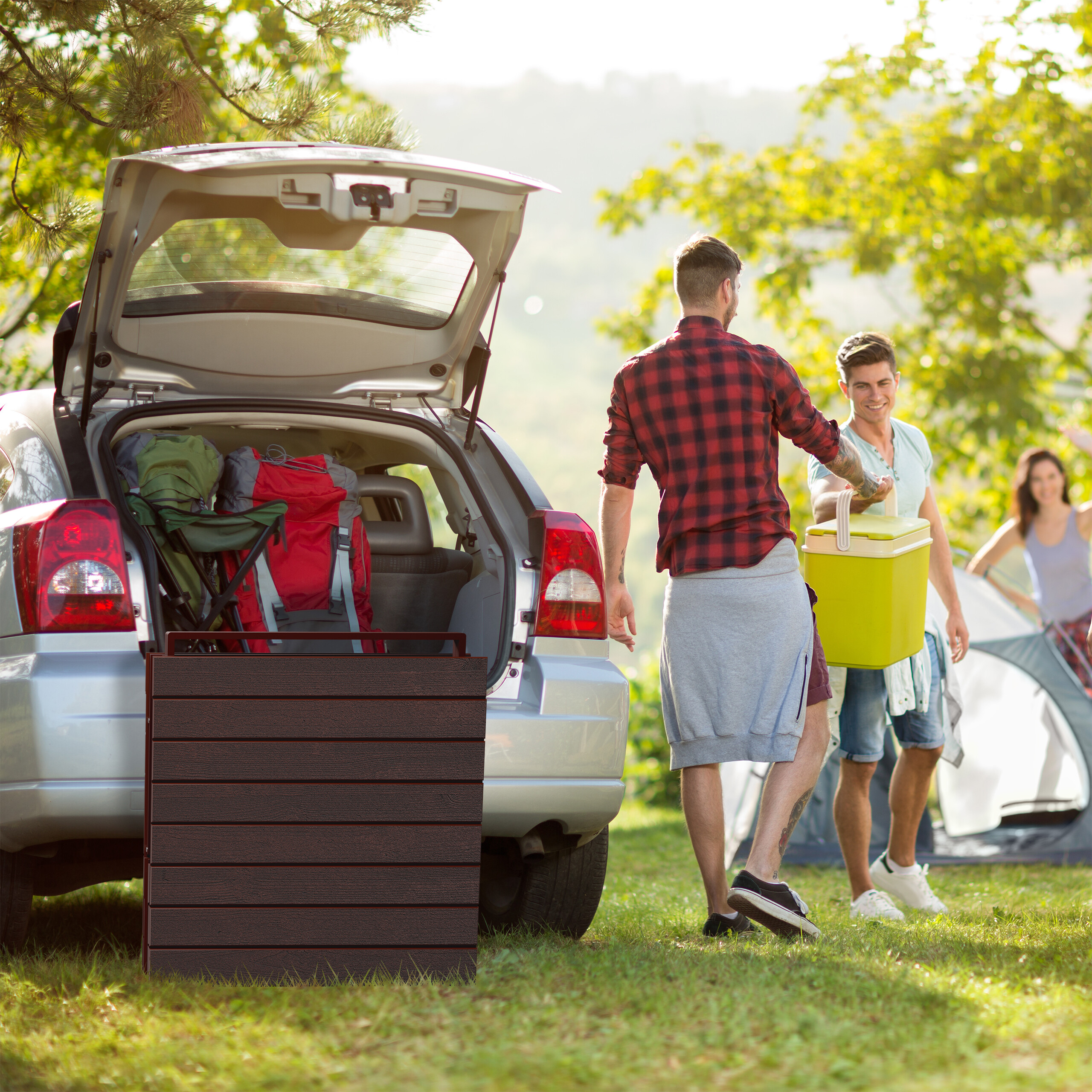 Zwei Männer packen eine Kühlbox aus dem Kofferraum eines Autos beim Camping.
