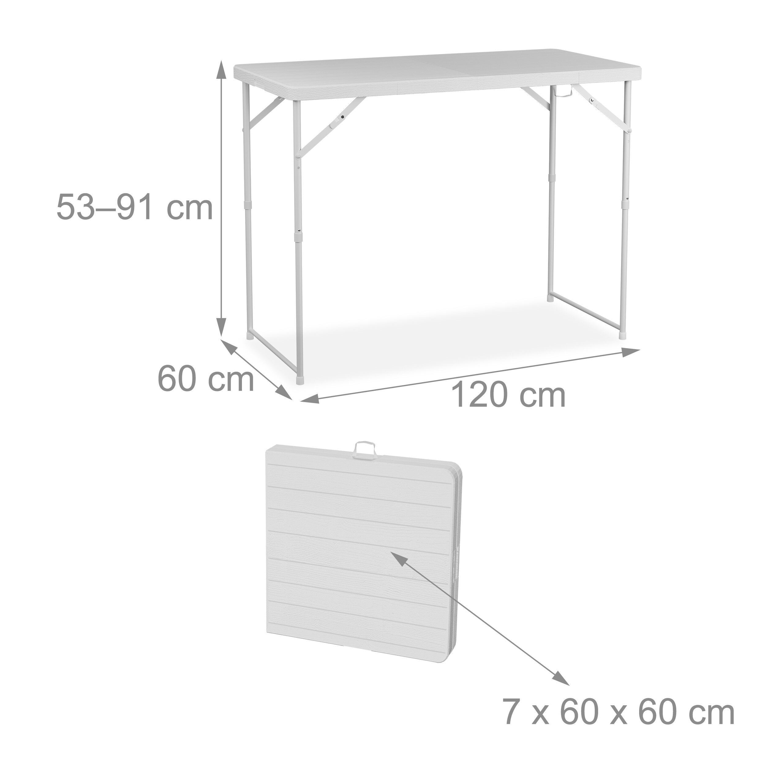 Ein weißer, klappbarer Tisch mit Maßen: 120x60x53-91cm aufgebaut und 7x60x60cm gefaltet.