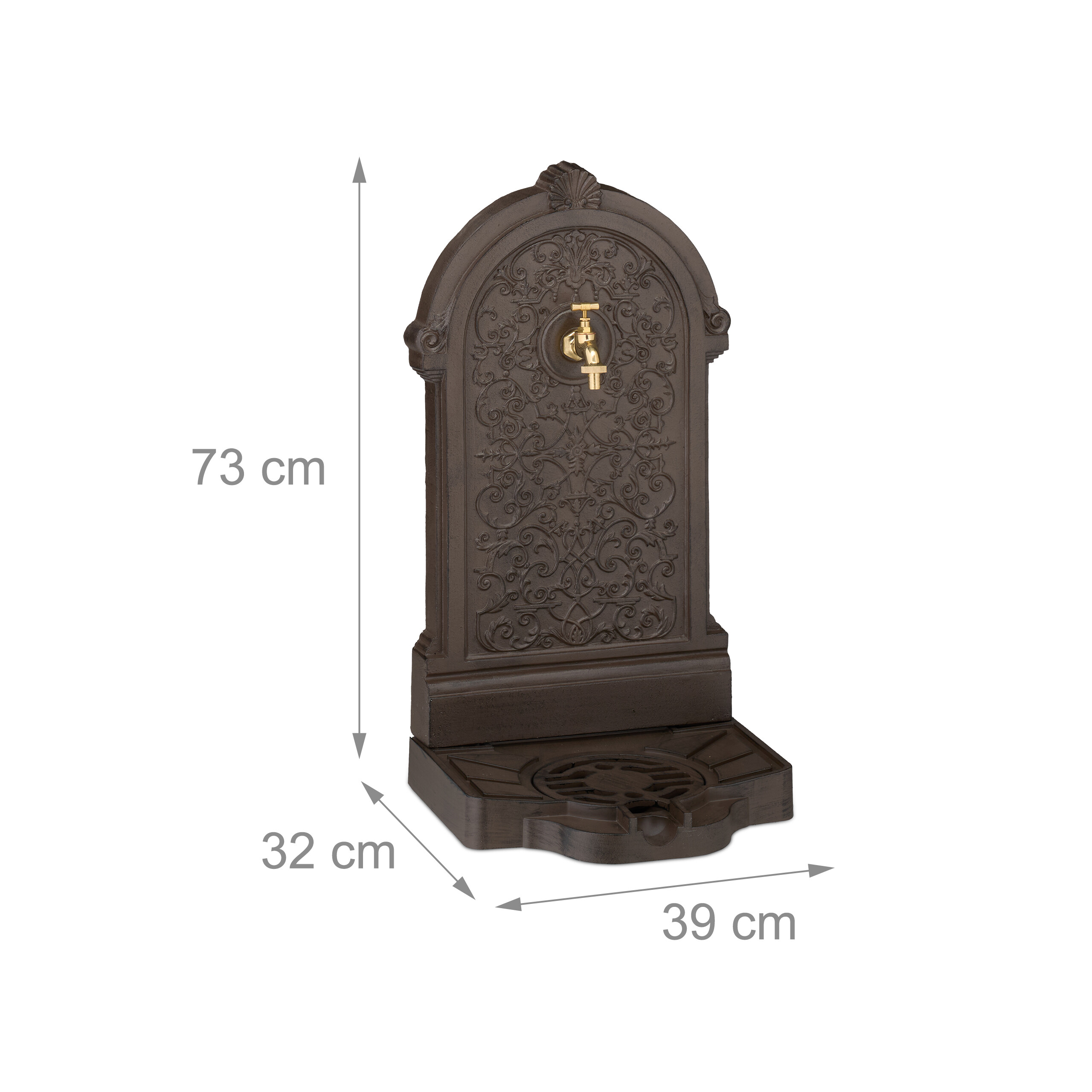 Wandbrunnen aus braunem Metall mit goldenem Hahn und Abmessungen von 73x39x32 cm.
