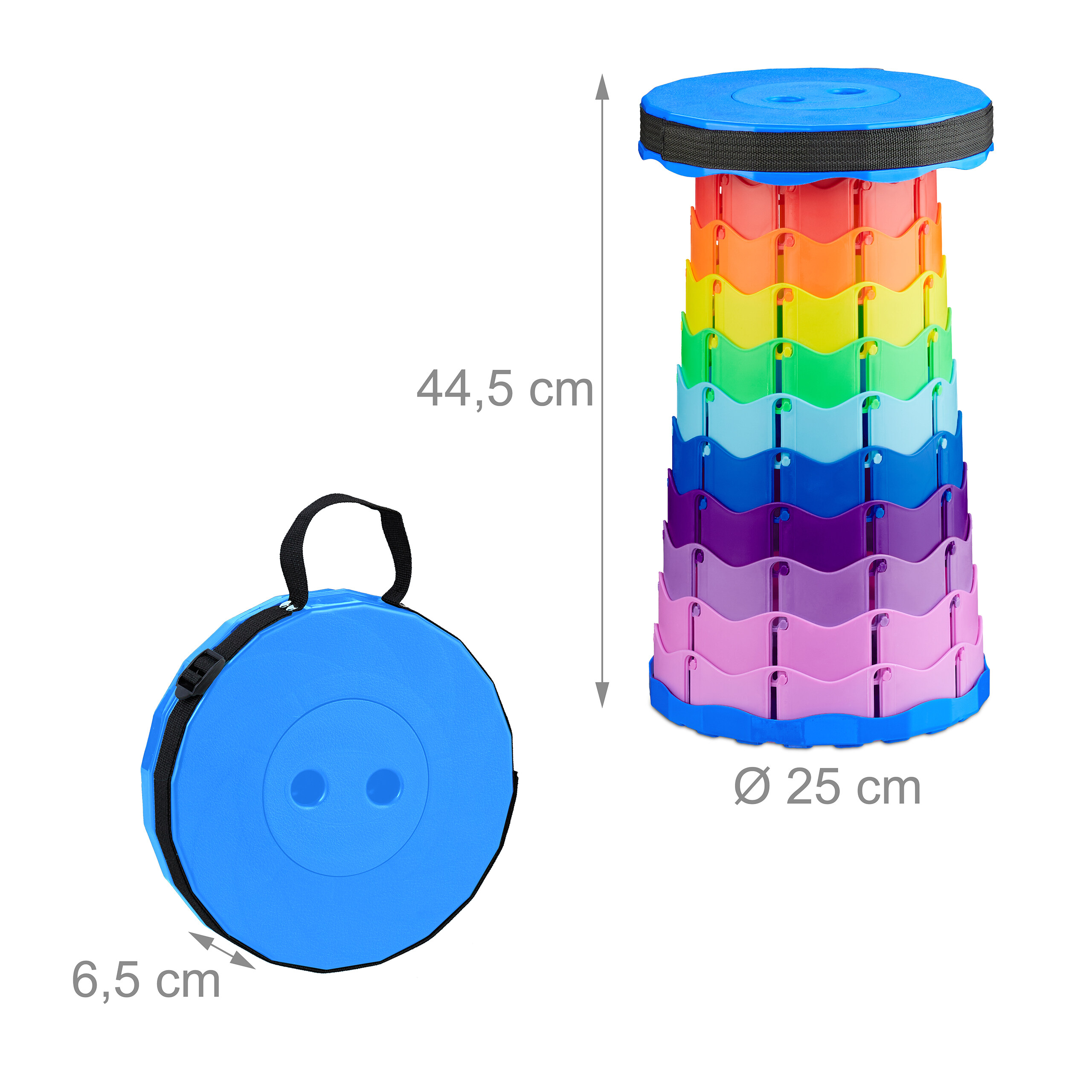 Ein bunter Teleskophocker neben seiner blauen Tragetasche mit Maßangaben.