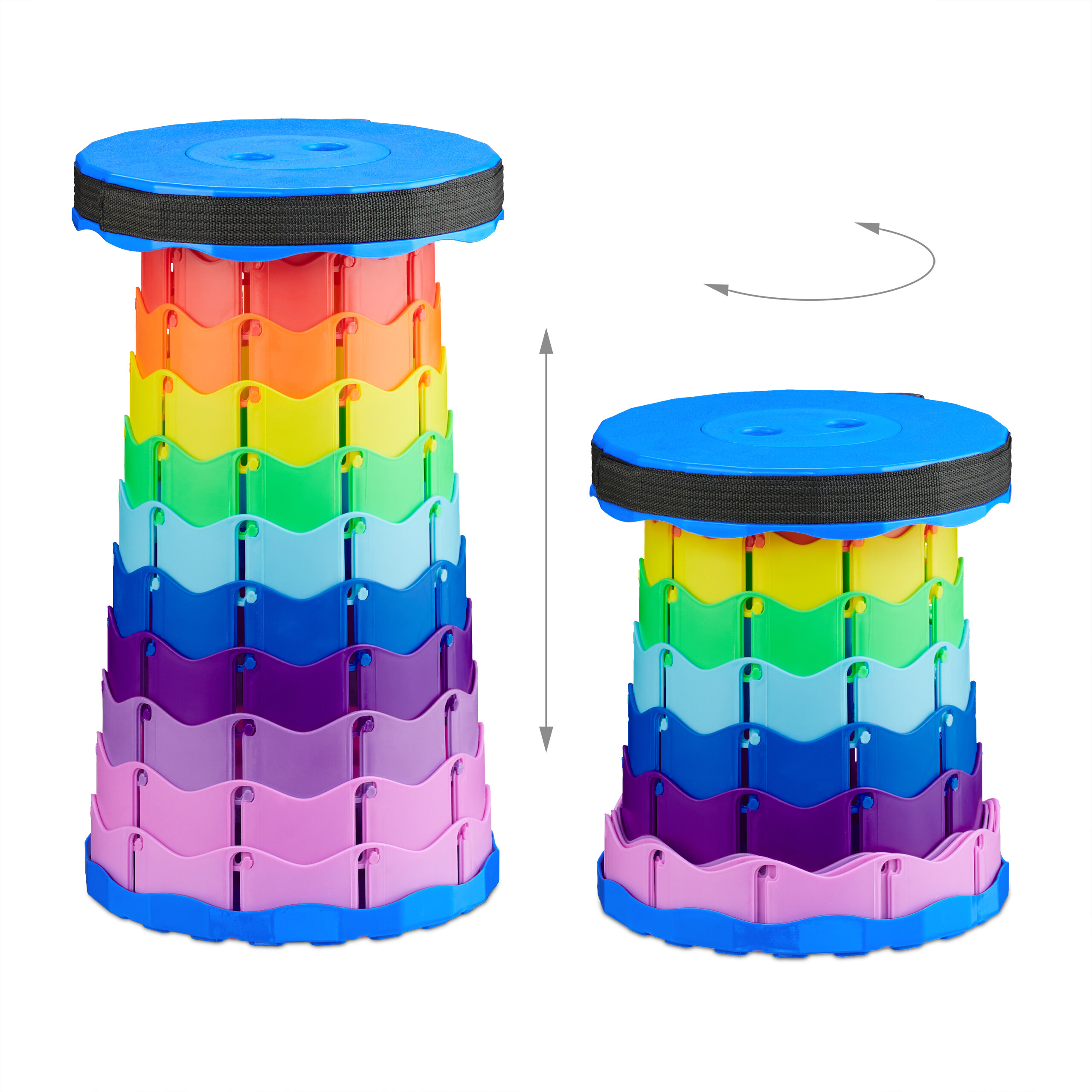 Zwei bunte, teleskopische Hocker, voll ausgefahren und eingefahren, mit Pfeilen für Höhe und Drehbewegung.
