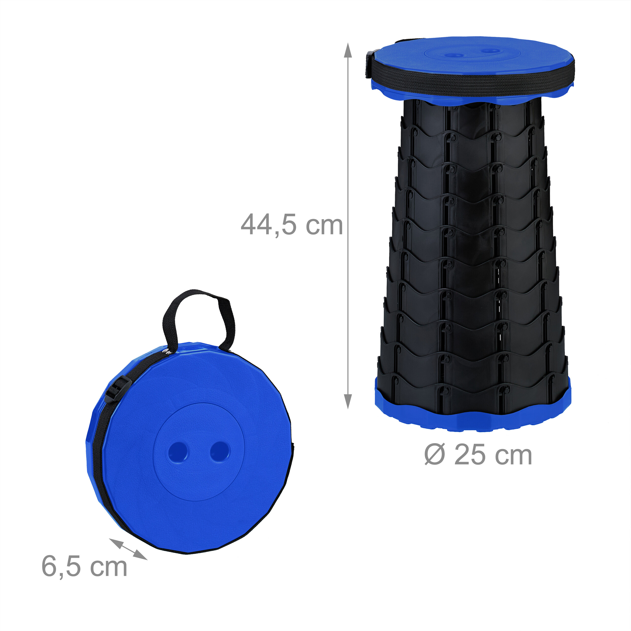 Eingeklappter blauer Teleskophocker (6,5 cm) und ausgeklappter Hocker (44,5 cm, Durchmesser 25 cm) mit Maßen.
