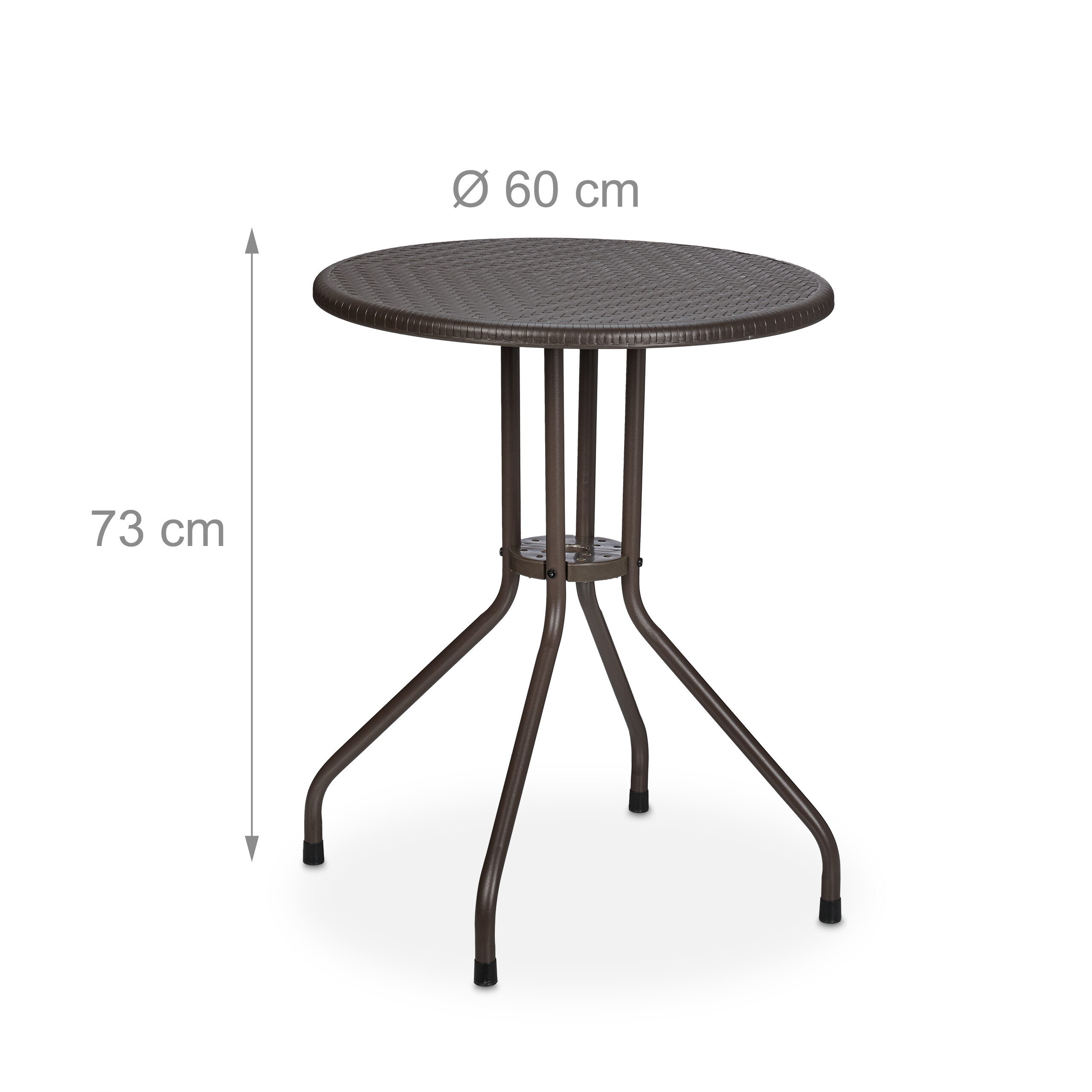 Runder, brauner Bistrotisch mit geflochtener Platte und Metallbeinen, Höhe 73 cm, Durchmesser 60 cm, auf weißem Hintergrund.