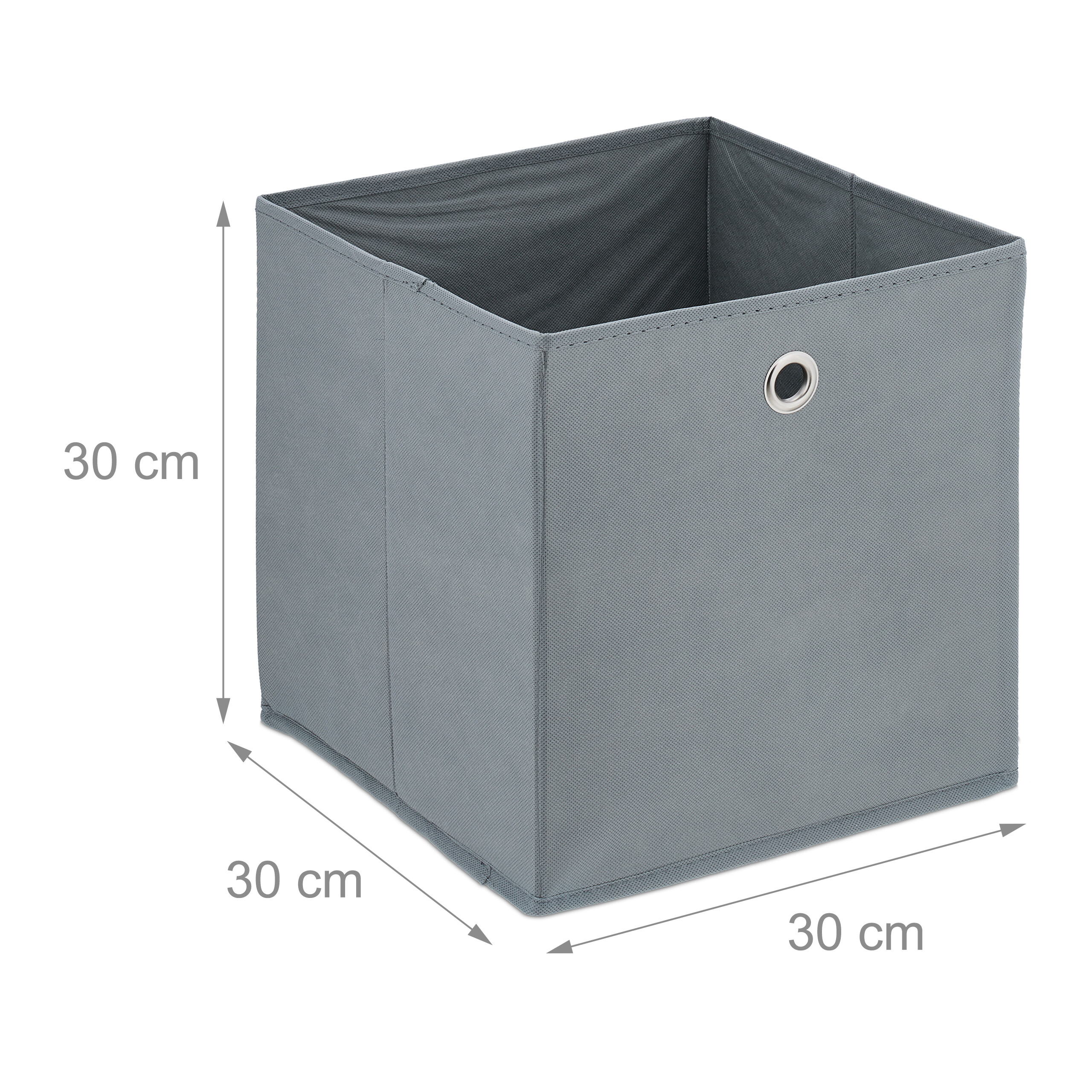 Graue quadratische Stoffaufbewahrungsbox mit Öse und Bemaßung von 30x30x30 cm.
