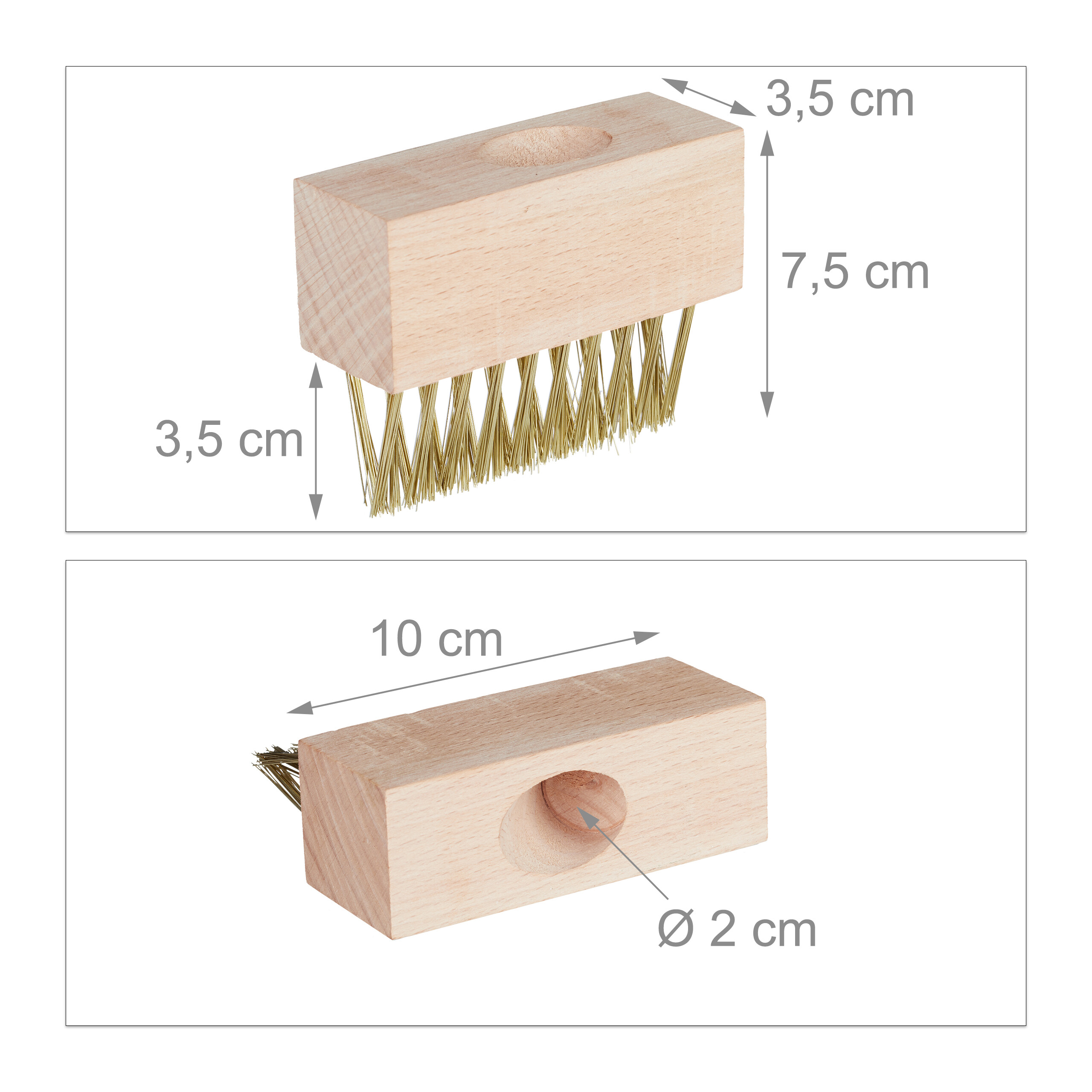 Holzbürste mit Messingborsten und Maßangaben in zwei Ansichten.