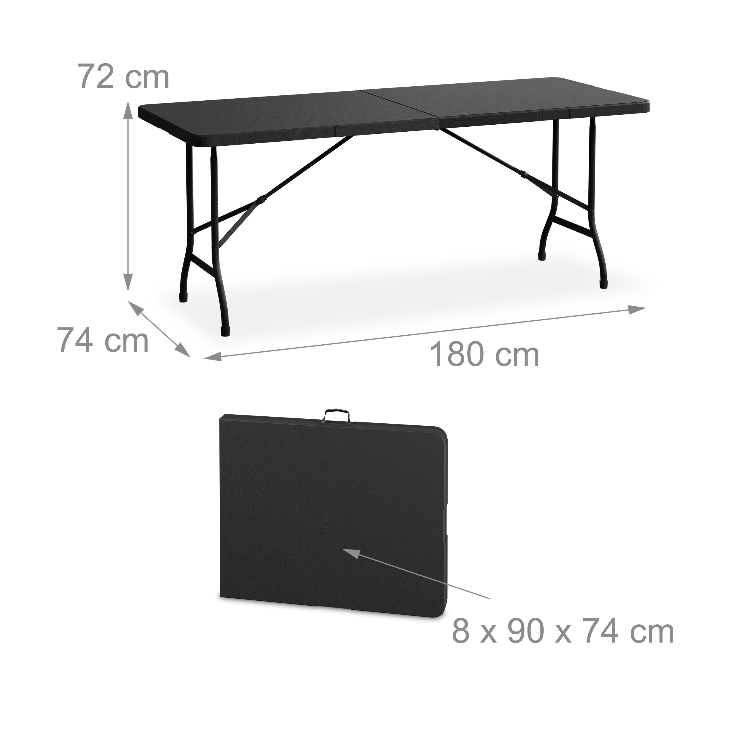 Schwarzer Klapptisch mit Maßen: 180x74x72 cm offen, 8x90x74 cm gefaltet.