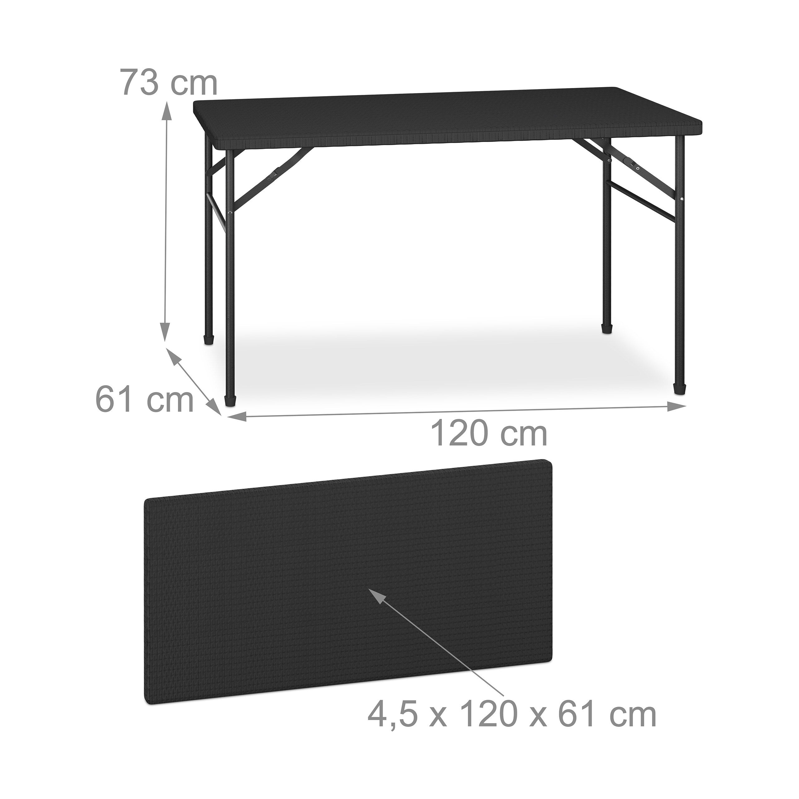 Schwarzer Klapptisch mit Maßen: 120 cm lang, 61 cm breit, 73 cm hoch, zusammengeklappt 4,5 cm dick.