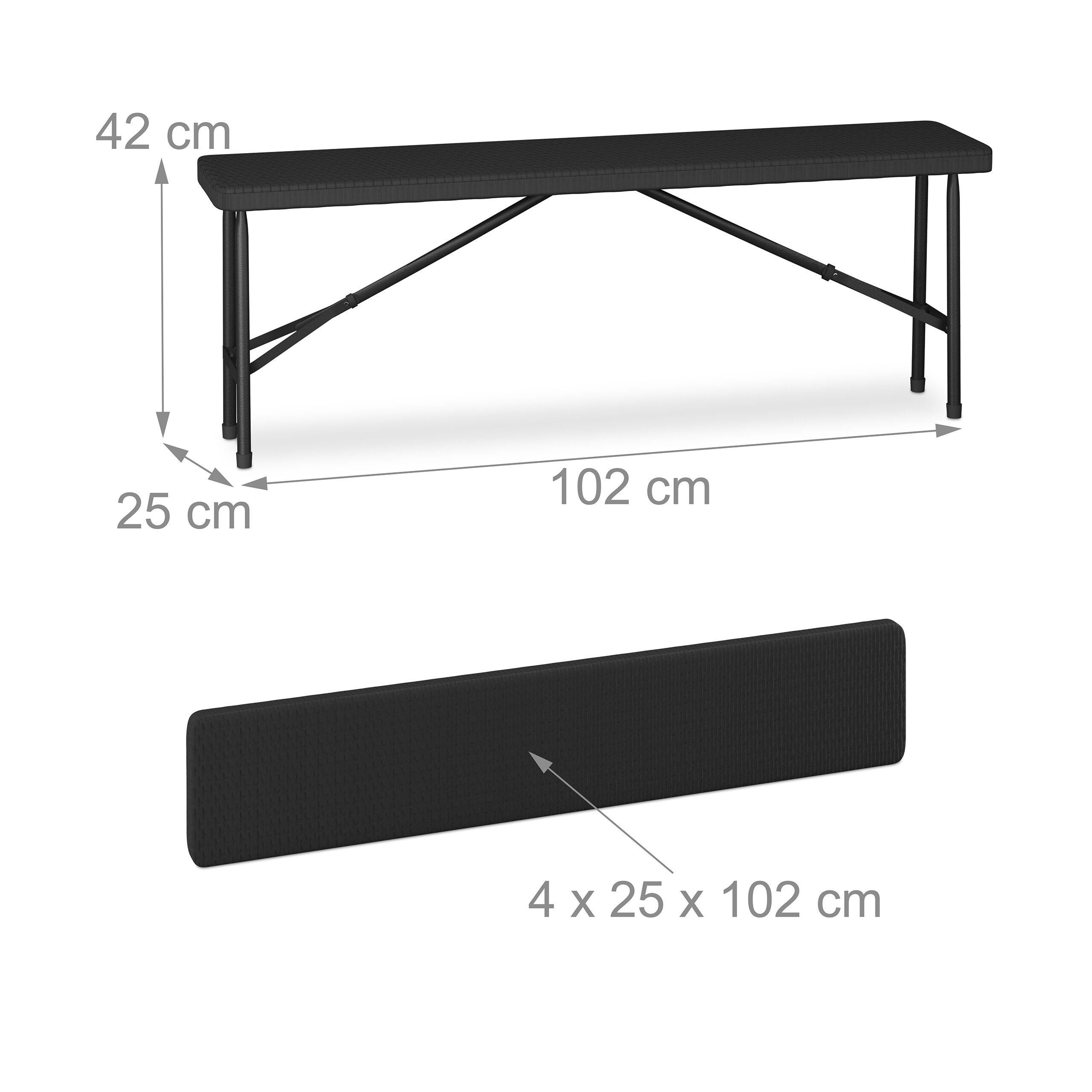 Eine schwarze Gartenklappbank mit den Maßen 102 cm Länge, 25 cm Breite und 42 cm Höhe, zusammengeklappt und offen.
