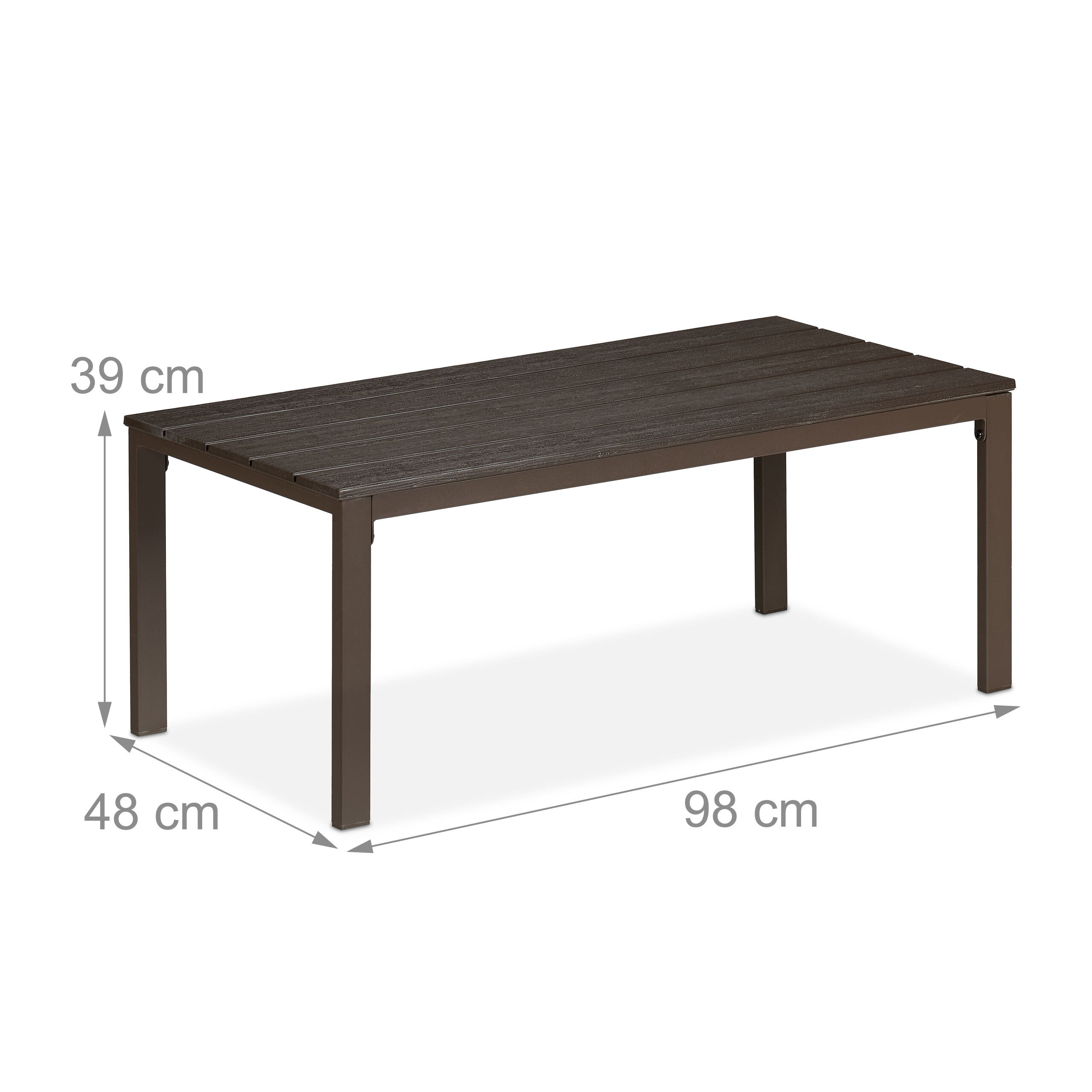 Brauner Outdoor-Couchtisch mit den Maßen 98x48x39 cm vor weißem Hintergrund.