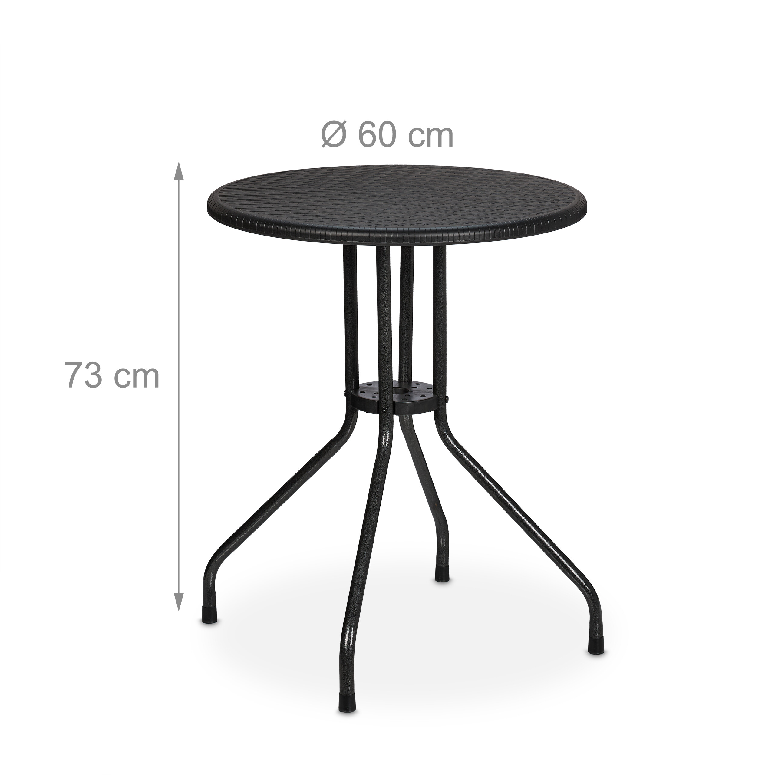 Schwarzer runder Bistrotisch mit Metallbeinen und Maßangaben.