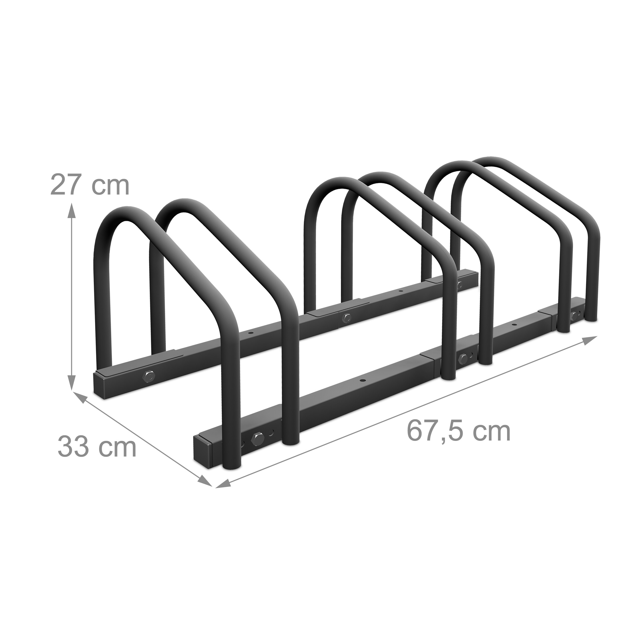 Ein schwarzer Fahrradständer für drei Räder mit Maßpfeilen für 27 cm Höhe, 33 cm Breite und 67,5 cm Länge.