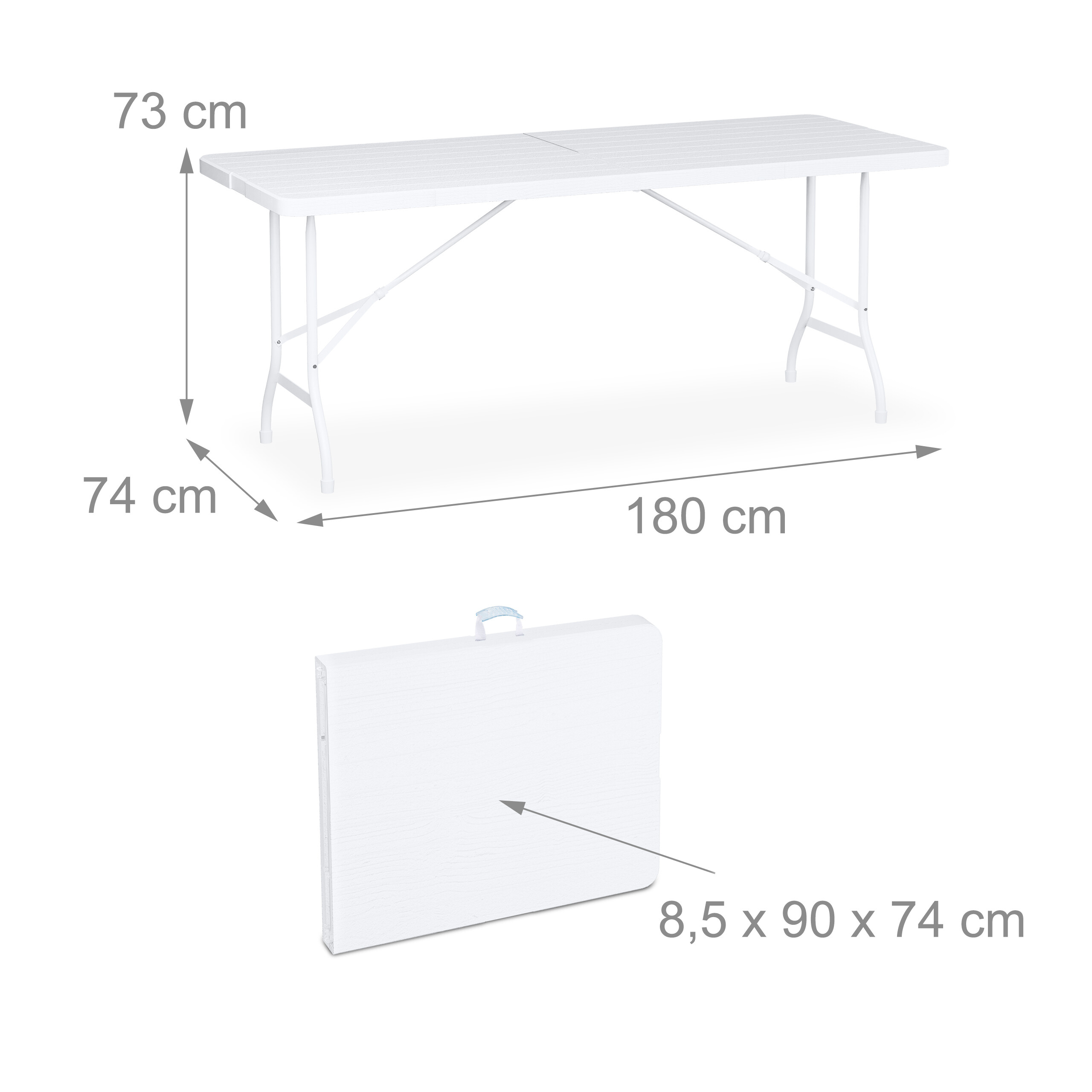 Ein weißer, klappbarer Tisch mit Maßen: 180x74x73 cm offen und 8,5x90x74 cm gefaltet.