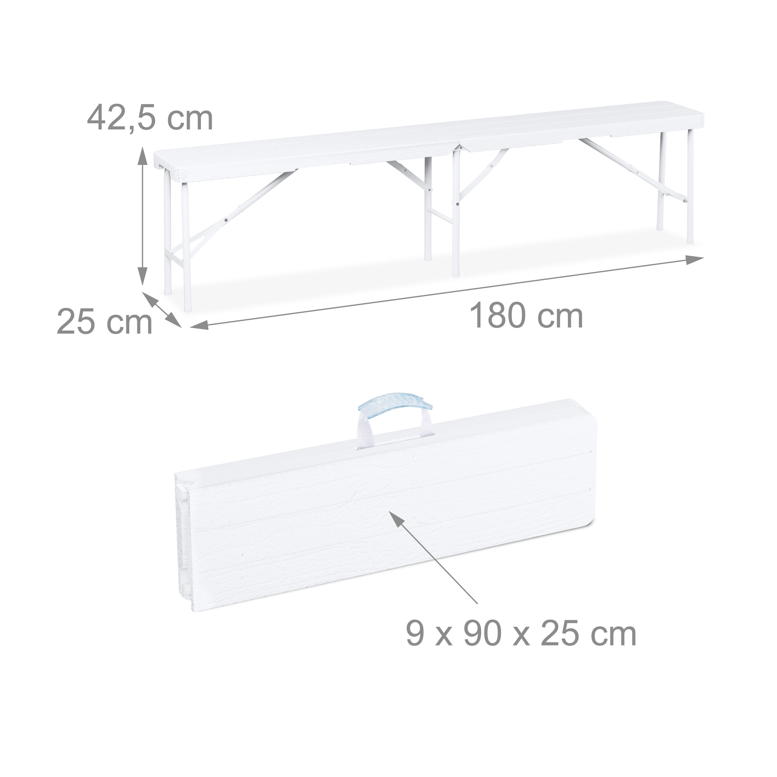 Weiße Klappbank mit Maßen: 180x25x42,5 cm offen und 90x25x9 cm gefaltet mit Tragegriff.