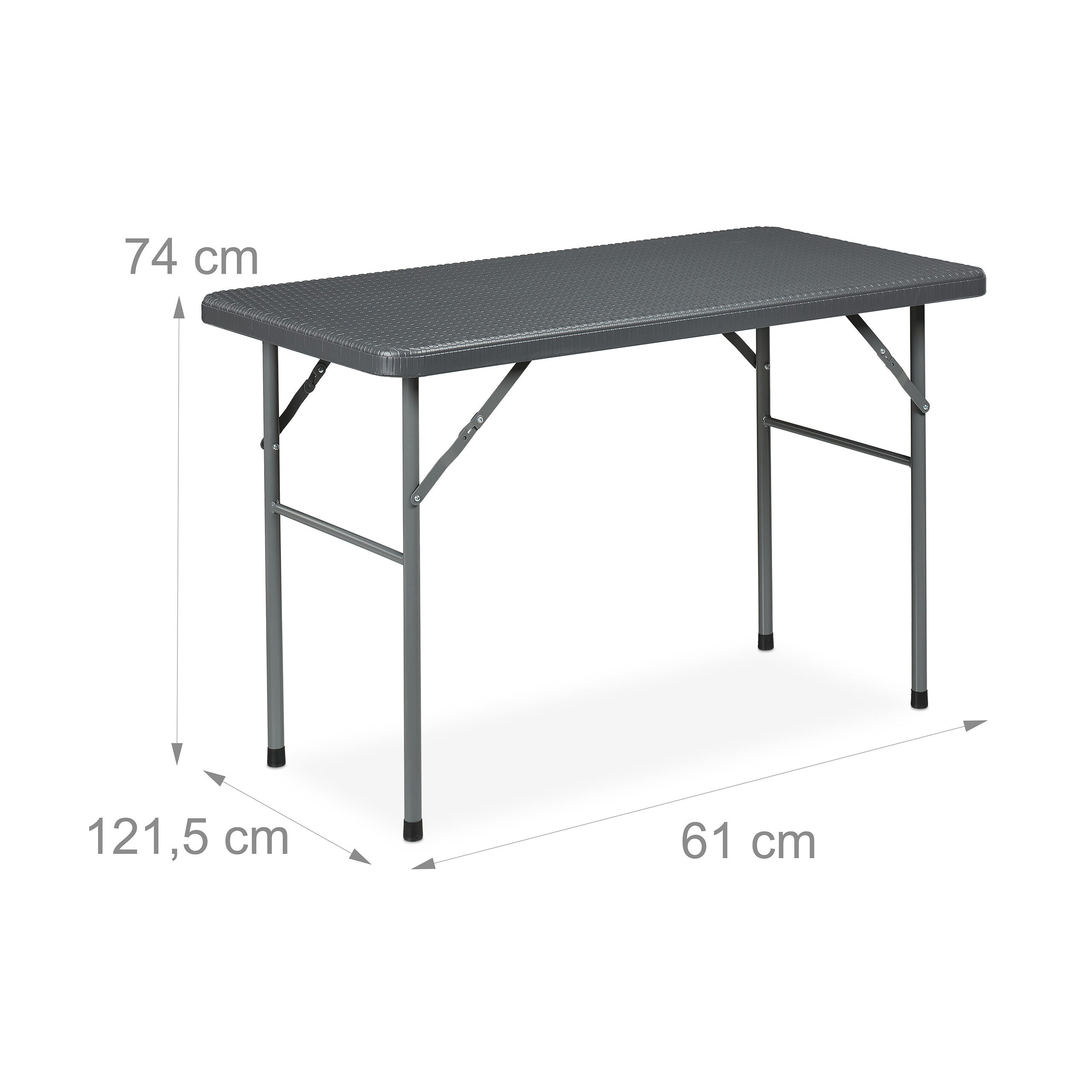Grauer, zusammenklappbarer Tisch mit Maßen: 74 cm Höhe, 121,5 cm Länge und 61 cm Breite.