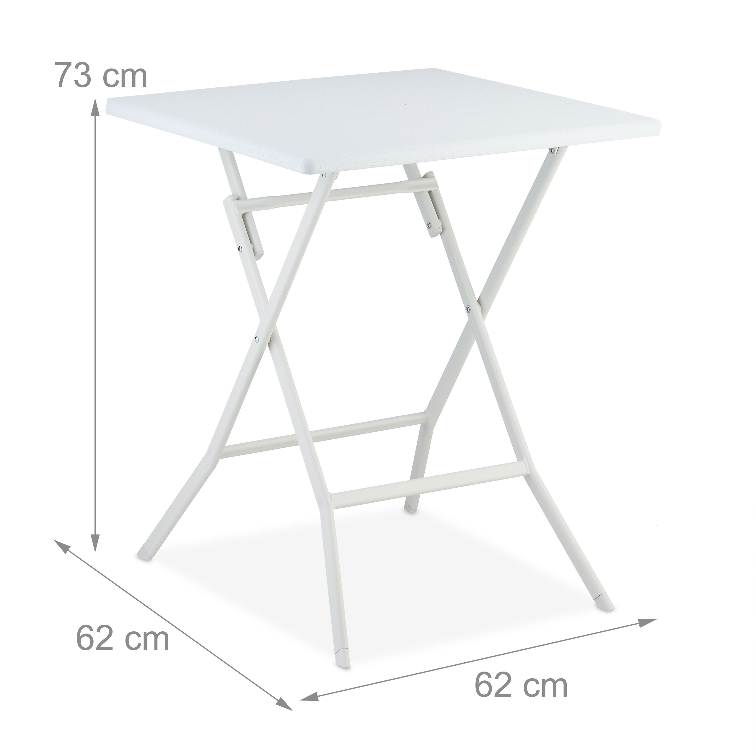 Ein weißer, quadratischer Klapptisch mit Maßen: Höhe 73 cm, Breite und Tiefe jeweils 62 cm.