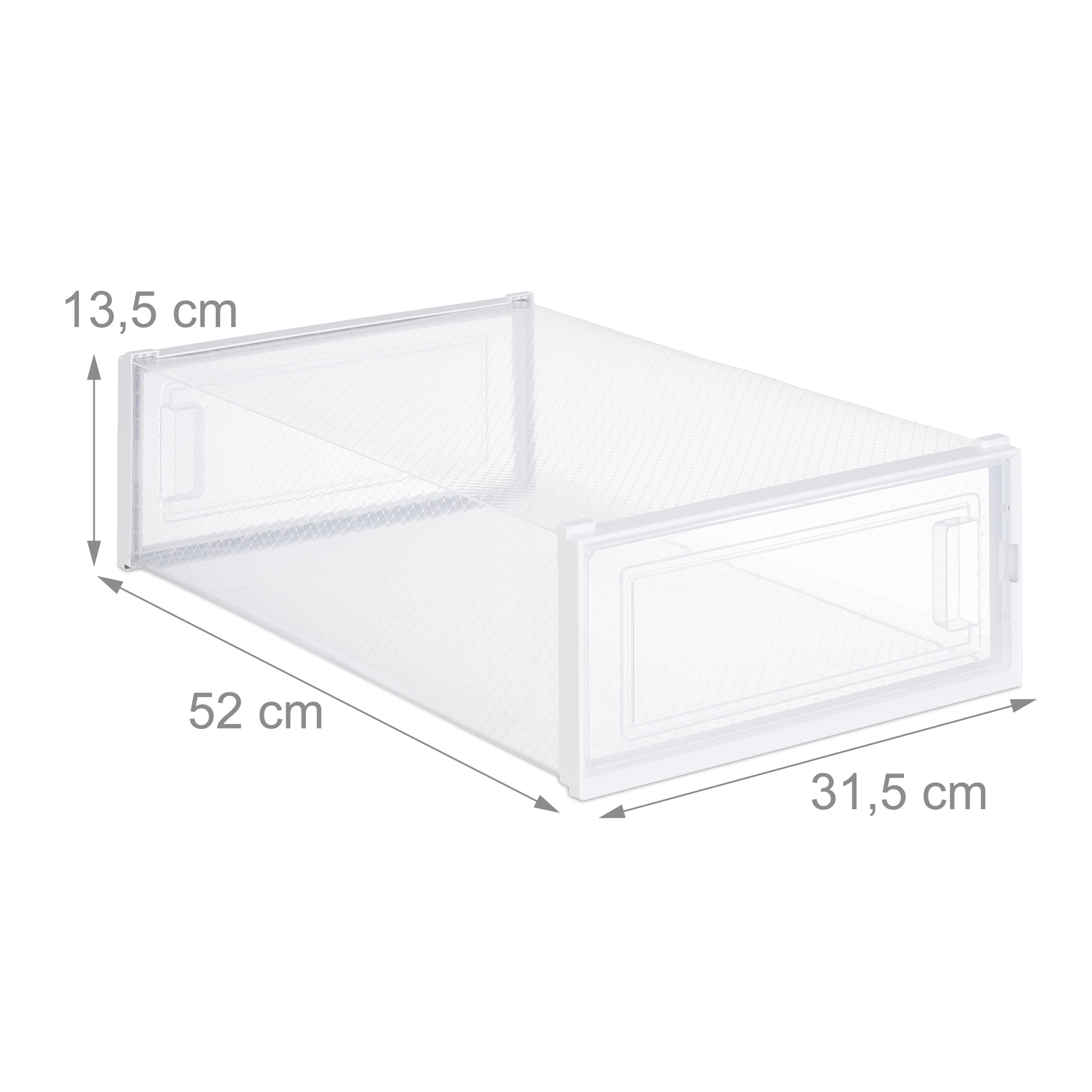 Transparente Kunststoff-Aufbewahrungsbox mit weißem Rand, Maße: 13,5 cm Höhe, 31,5 cm Breite, 52 cm Tiefe.