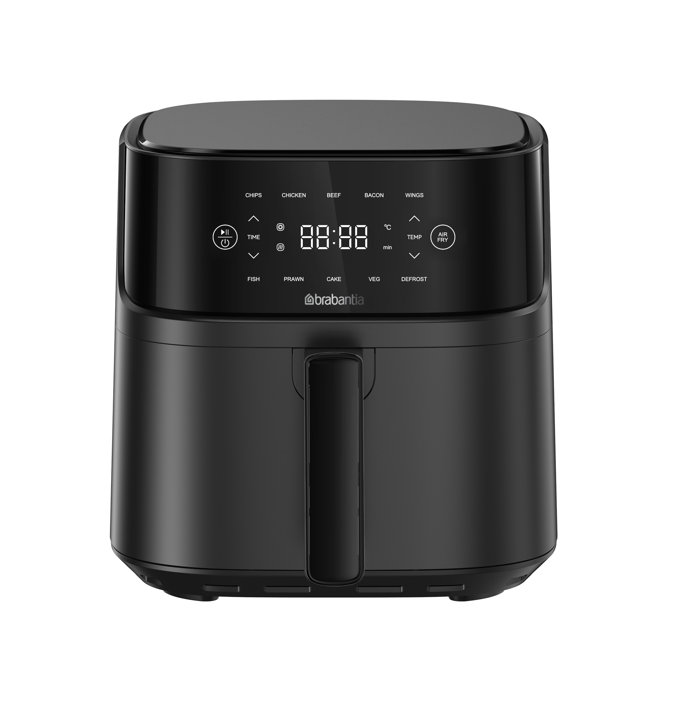 Schwarze Brabantia Heißluftfritteuse mit digitalem Touch-Bedienfeld und Griff in Frontansicht.
