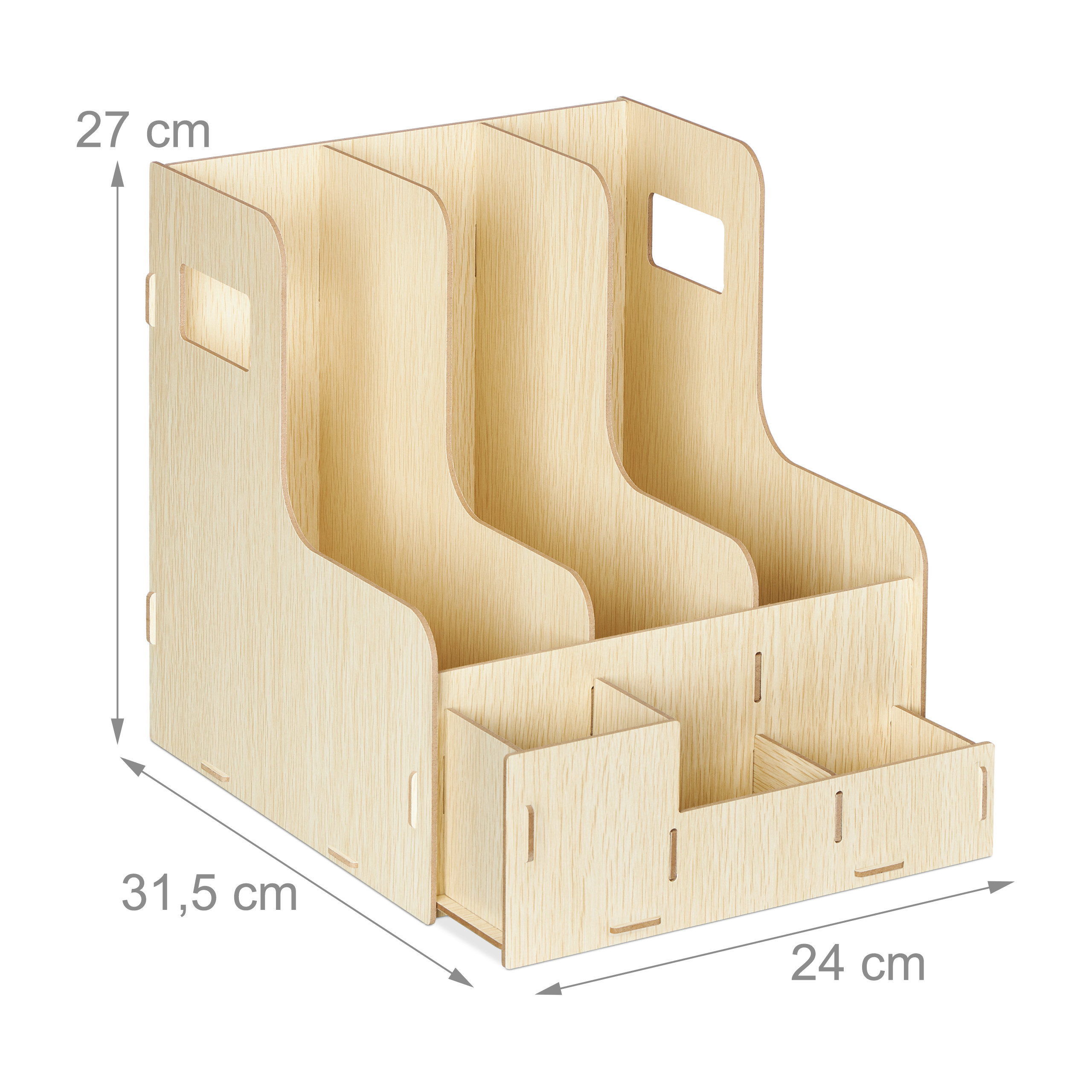 Schreibtisch-Organizer aus hellem Holz mit drei vertikalen Fächern und Ablagen, Maße 27x31,5x24 cm.
