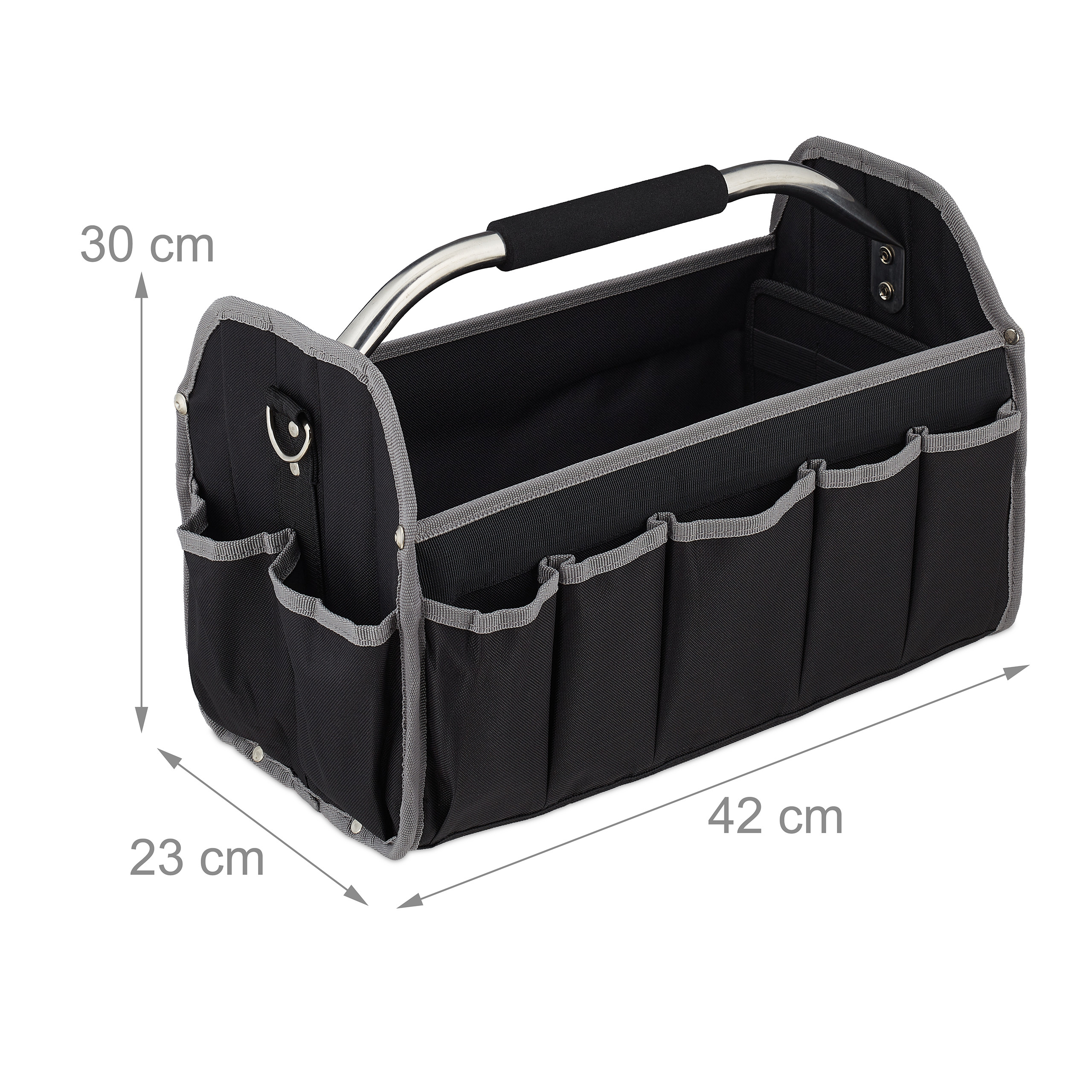 Schwarze Werkzeugtasche mit grauen Kanten, Metallgriff und Maßen: 42x23x30 cm.