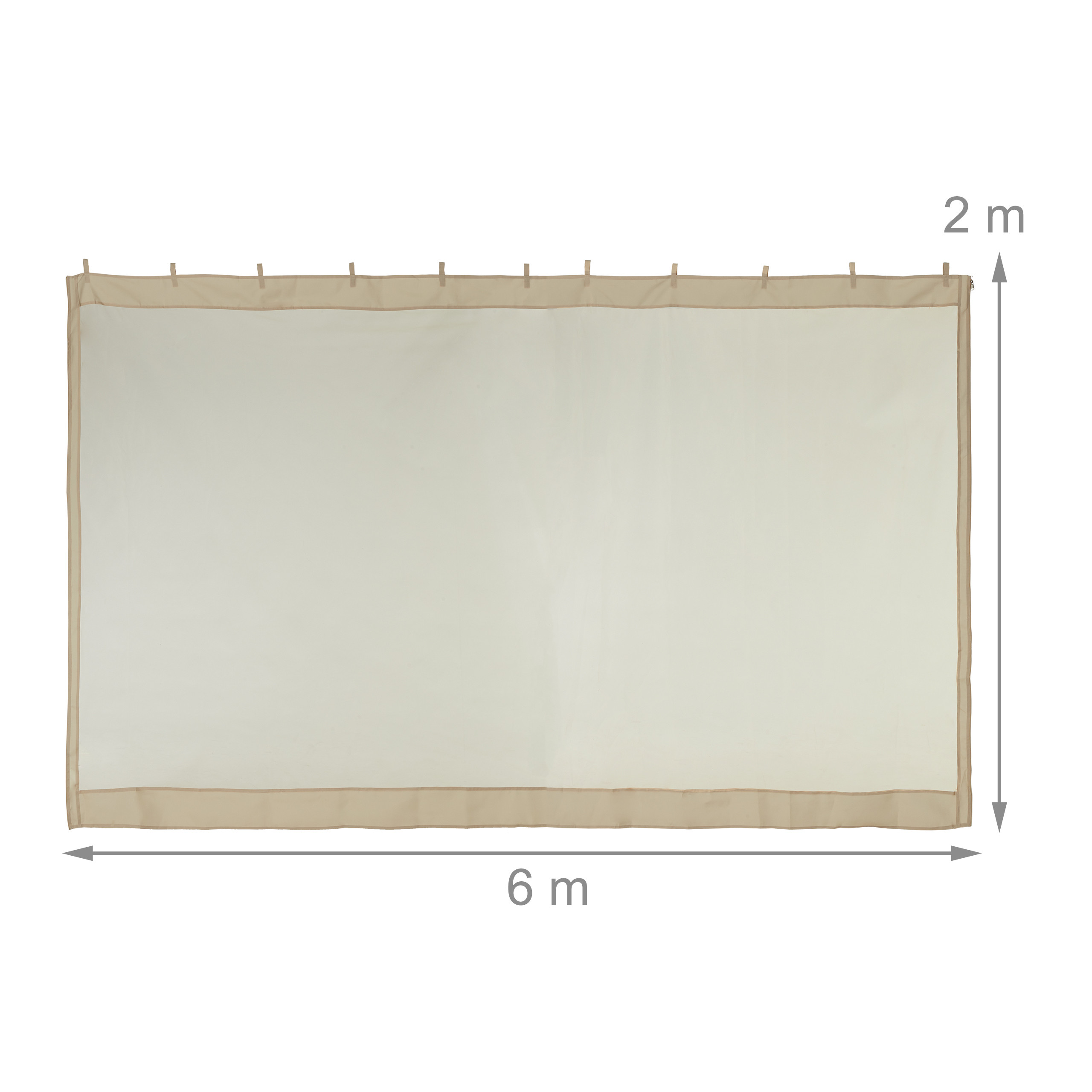 Beige, rechteckige Stoff-Sonnensegel, 6 m breit und 2 m hoch, mit Aufhängeschlaufen oben.