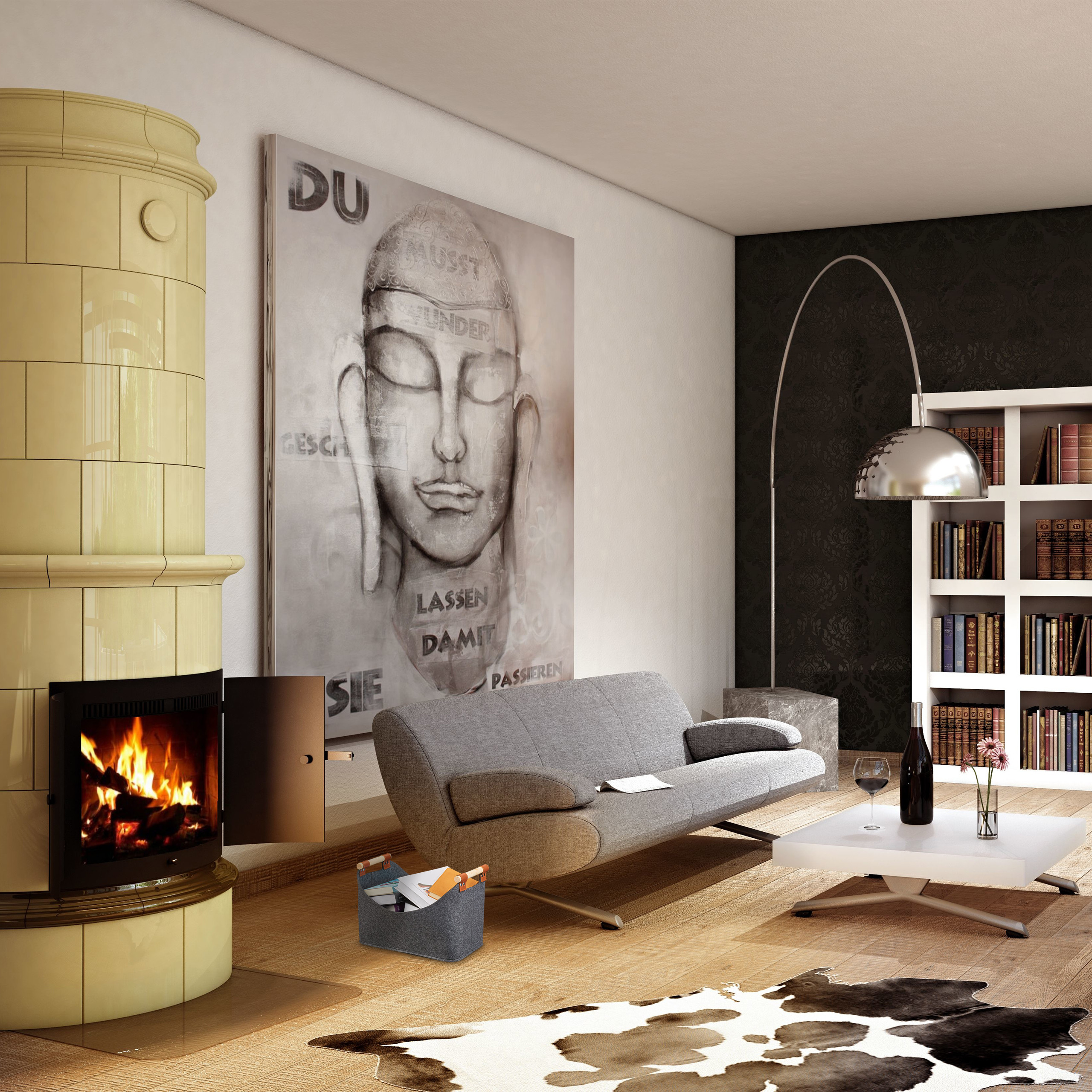 Gemütliches Wohnzimmer mit gelbem Kachelofen, grauem Sofa, großer Buddha-Wandkunst und weißem Bücherregal.