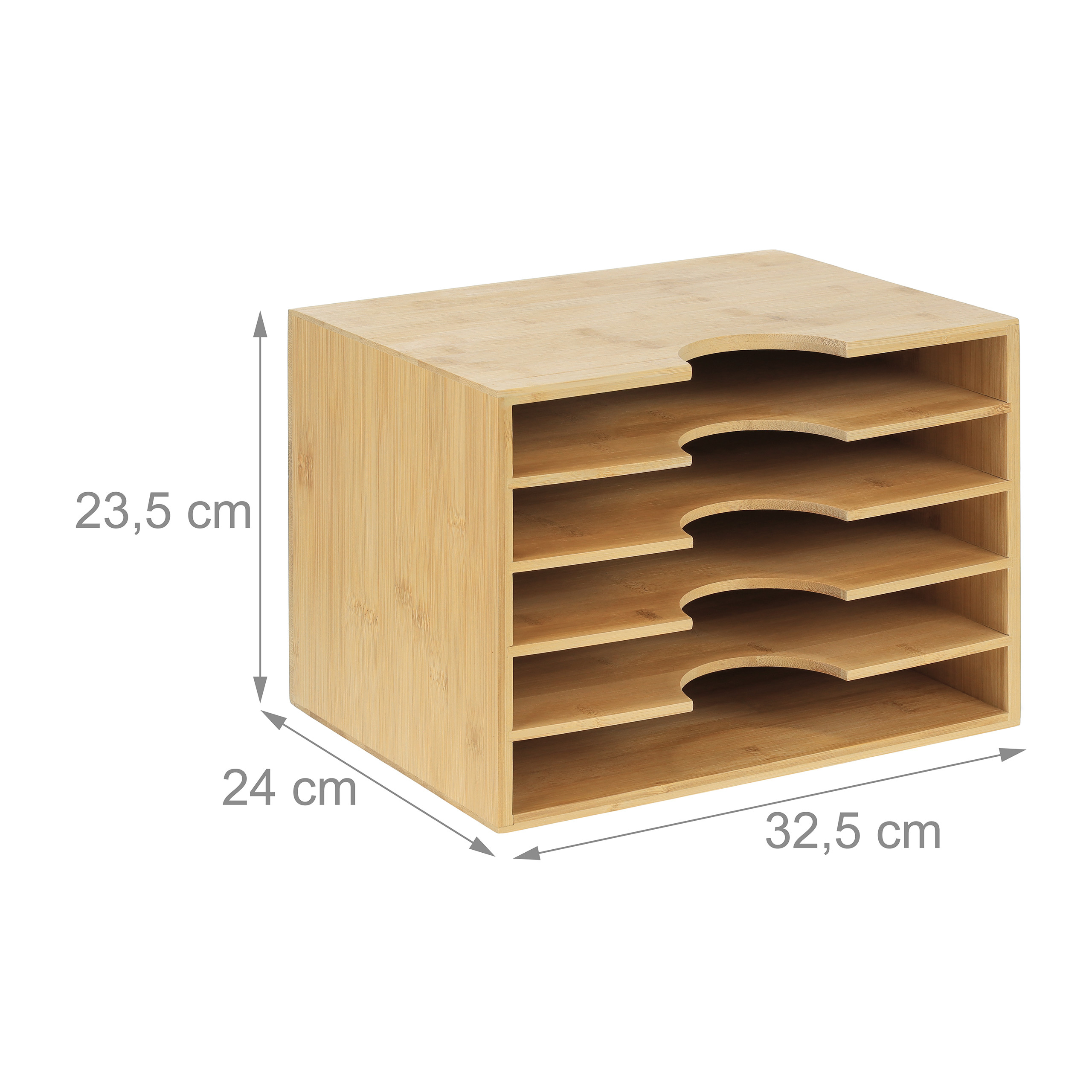Ein Schreibtisch-Organizer aus Holz mit fünf Fächern und Maßangaben für Höhe, Breite und Tiefe auf weißem Hintergrund.