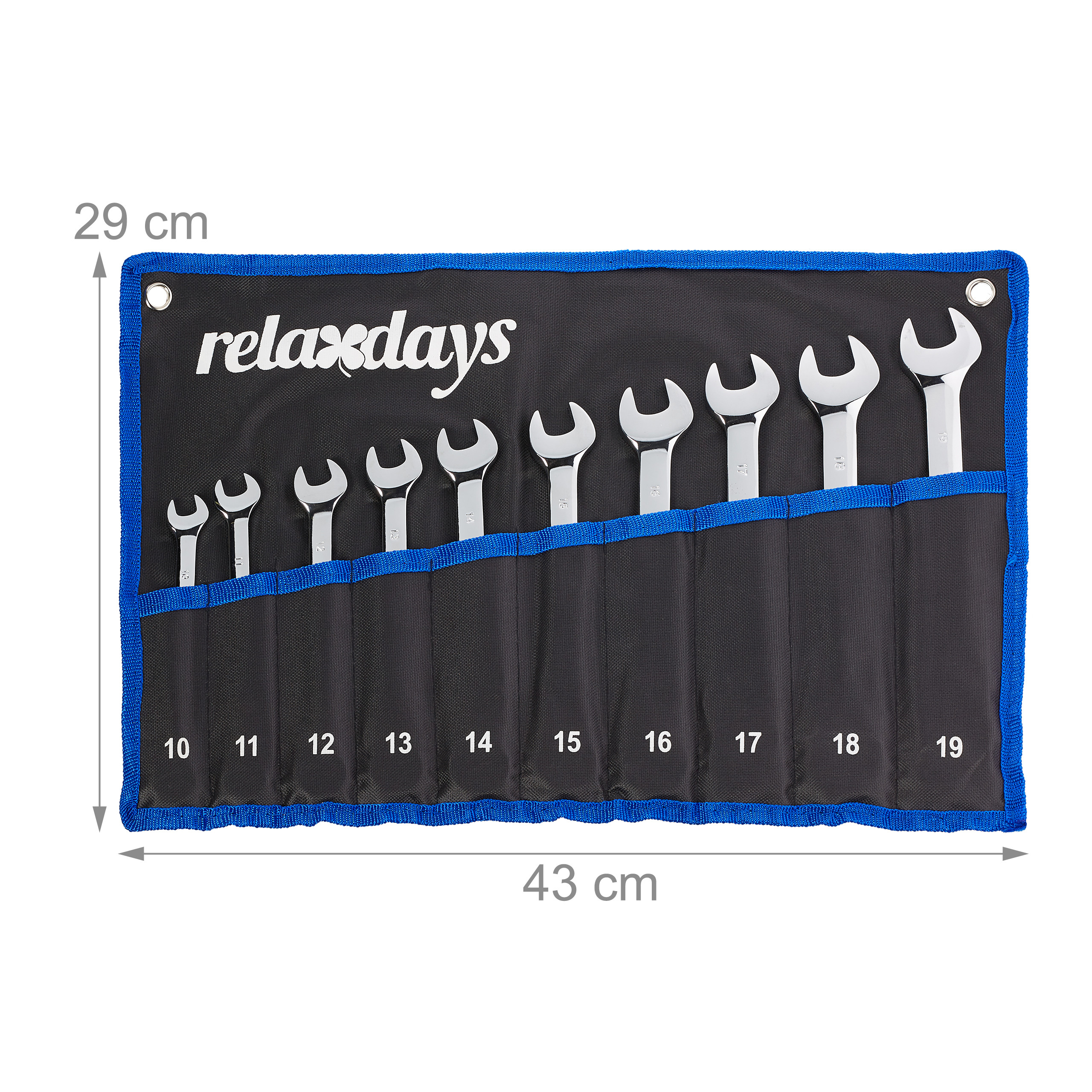 Ein Satz von zehn Gabelschlüsselngrößen 10 bis 19 in einer schwarzen Rolltasche mit blauen Rändern.